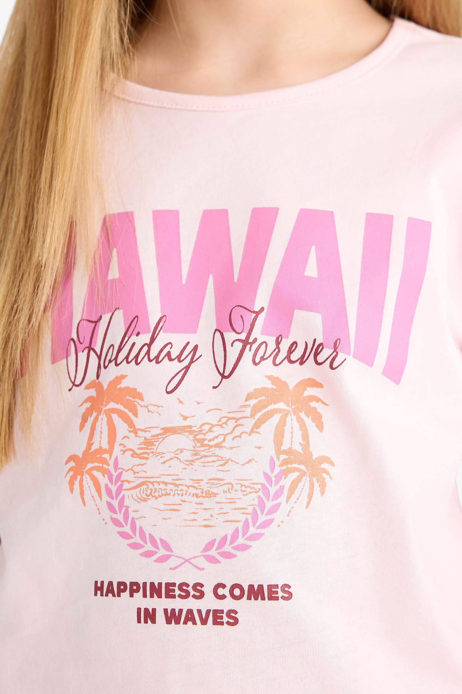 Kız Çocuk Pijama Takımı Baskılı Kısa Kollu Tişört Çizgili Şort