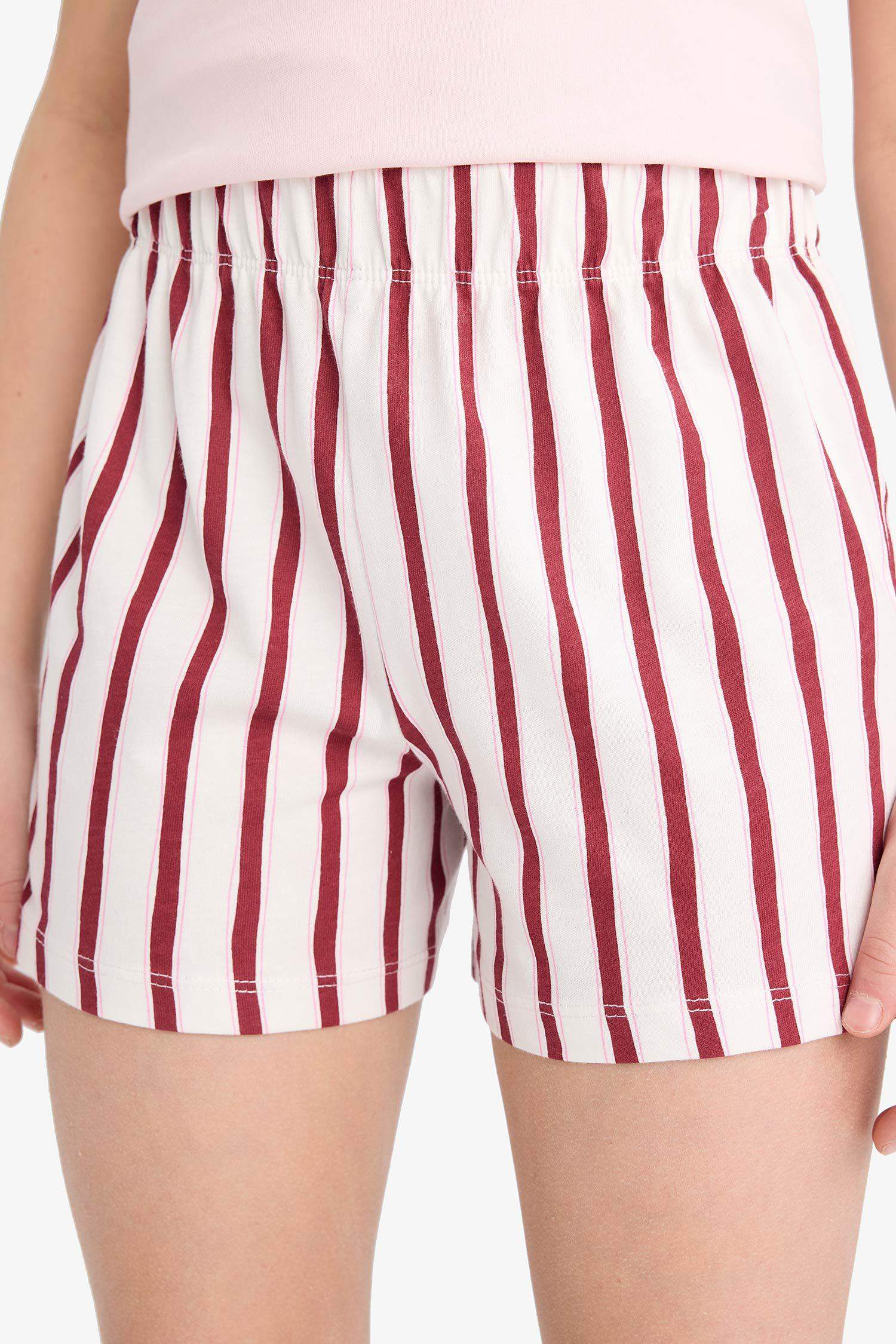 Kız Çocuk Pijama Takımı Baskılı Kısa Kollu Tişört Çizgili Şort