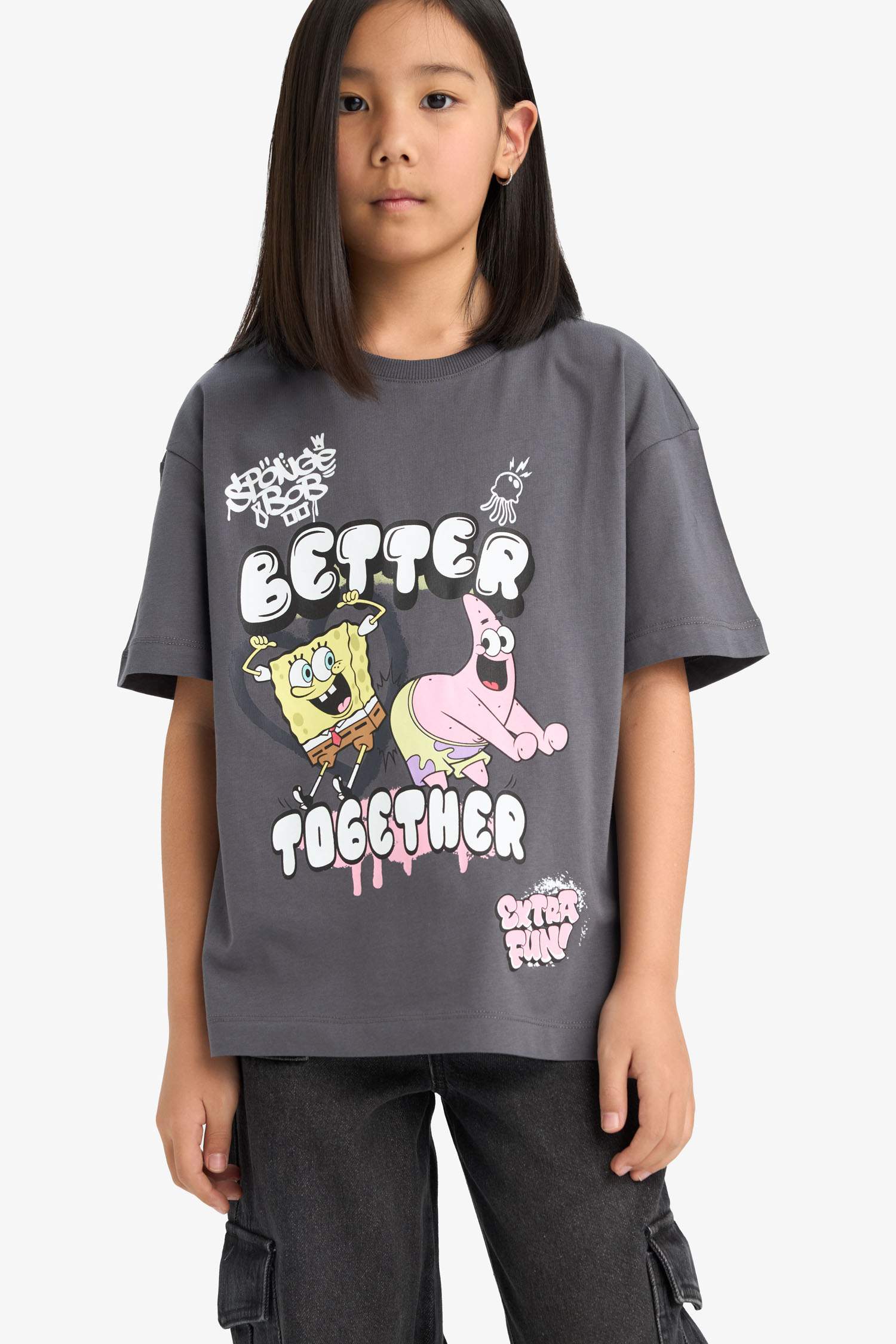 Kız Çocuk SpongeBob Oversize Geniş Kalıp Bisiklet Yaka Kısa Kollu Tişört