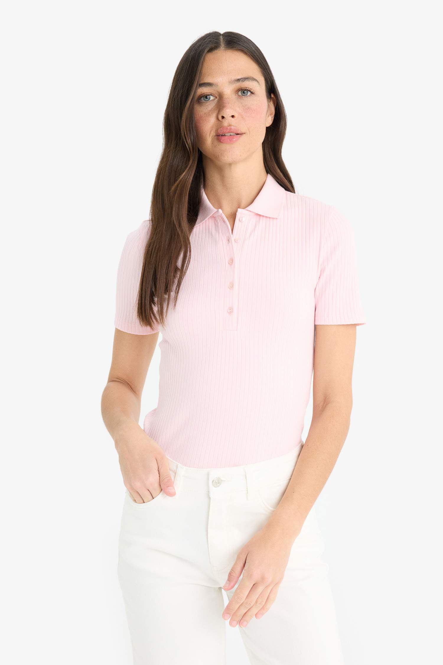 Slim Fit Dar Kesim Polo Yaka Fitilli Kaşkorse Kısa Kollu Tişört