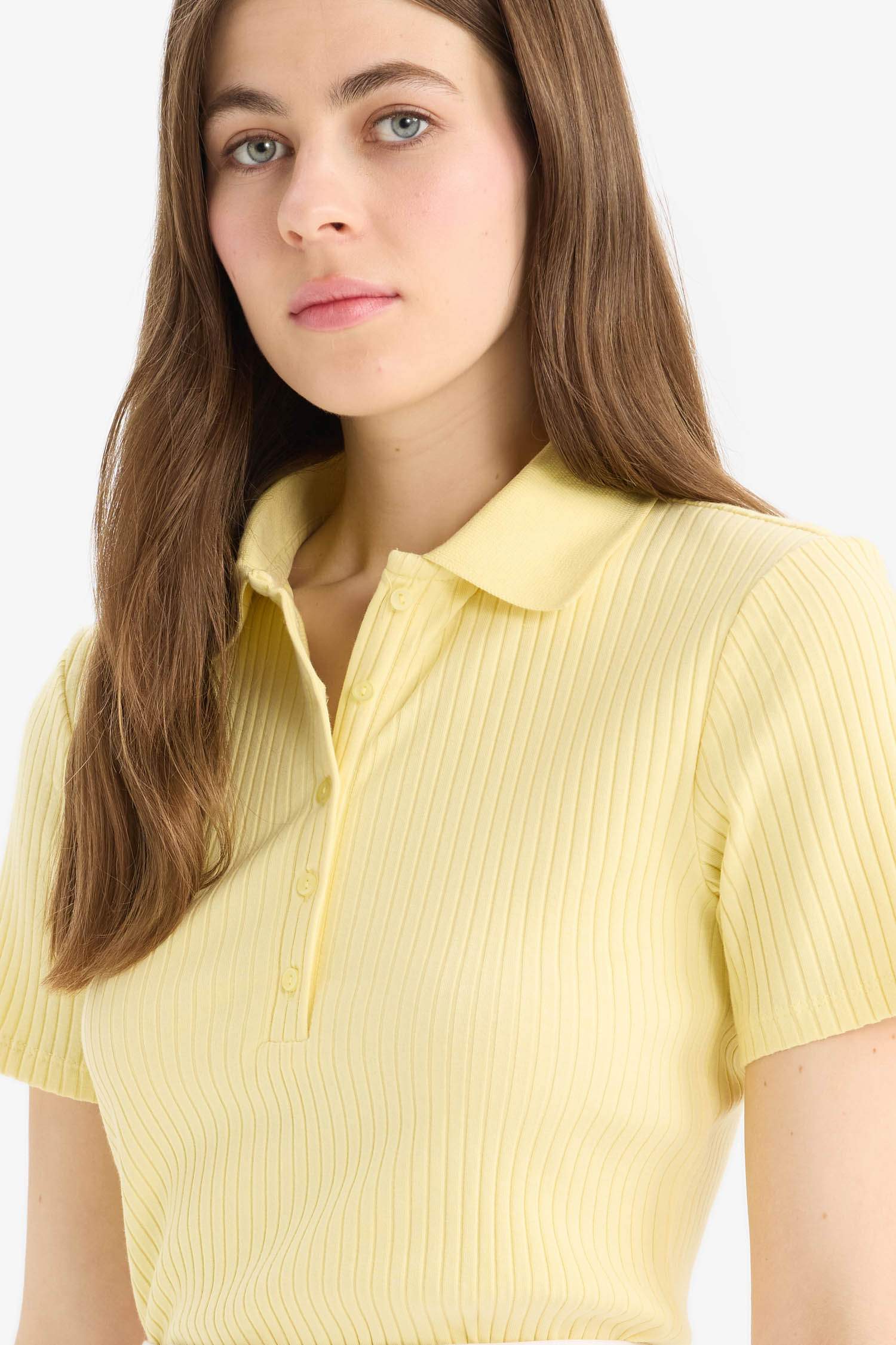 Slim Fit Dar Kesim Fitilli Kaşkorse Kısa Kollu Polo Sarı Tişört