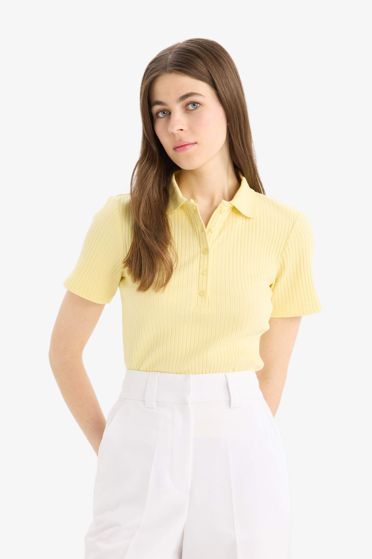 Slim Fit Dar Kesim Fitilli Kaşkorse Kısa Kollu Polo Sarı Tişört