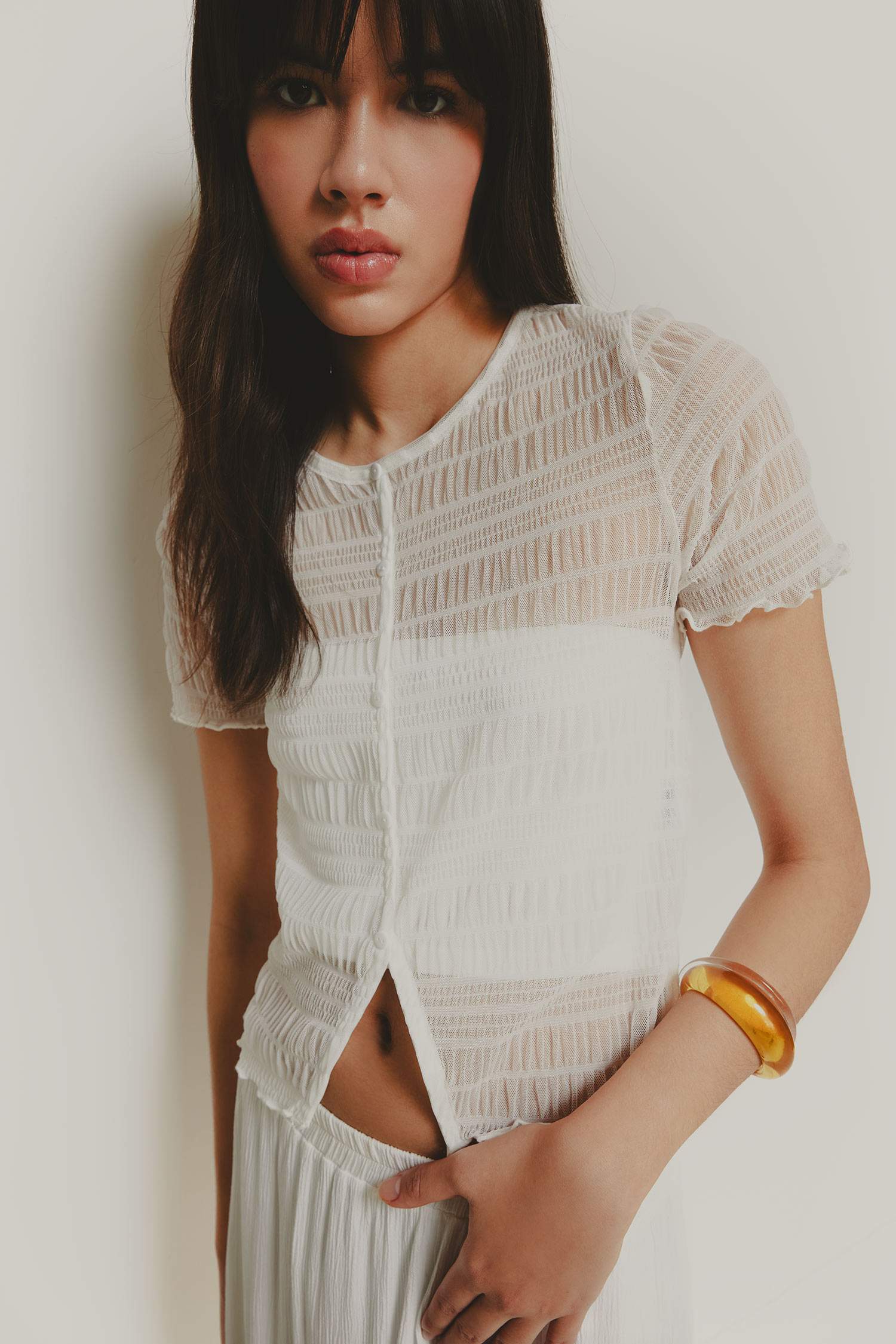 Fitted Crew Neck Tulle Short Sleeve T-Shirt