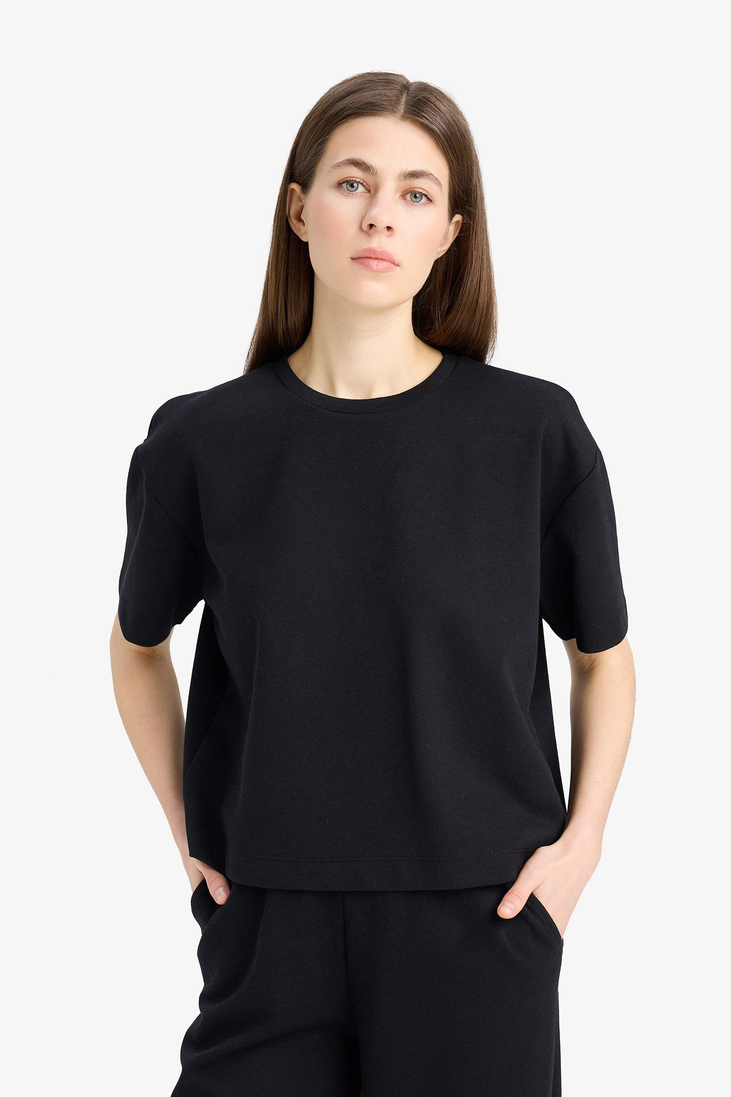 Relax Fit 2'li Takım Bisiklet Yaka Kısa Kollu Üst Beli Lastikli Uzun Alt