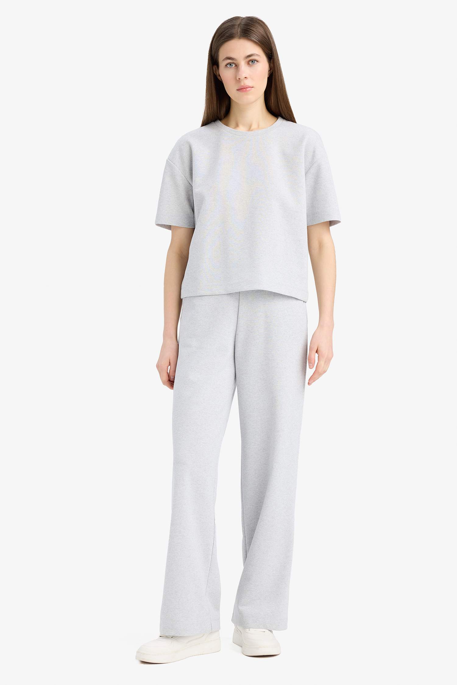 Relax Fit 2'li Takım Bisiklet Yaka Kısa Kollu Üst Beli Lastikli Uzun Alt