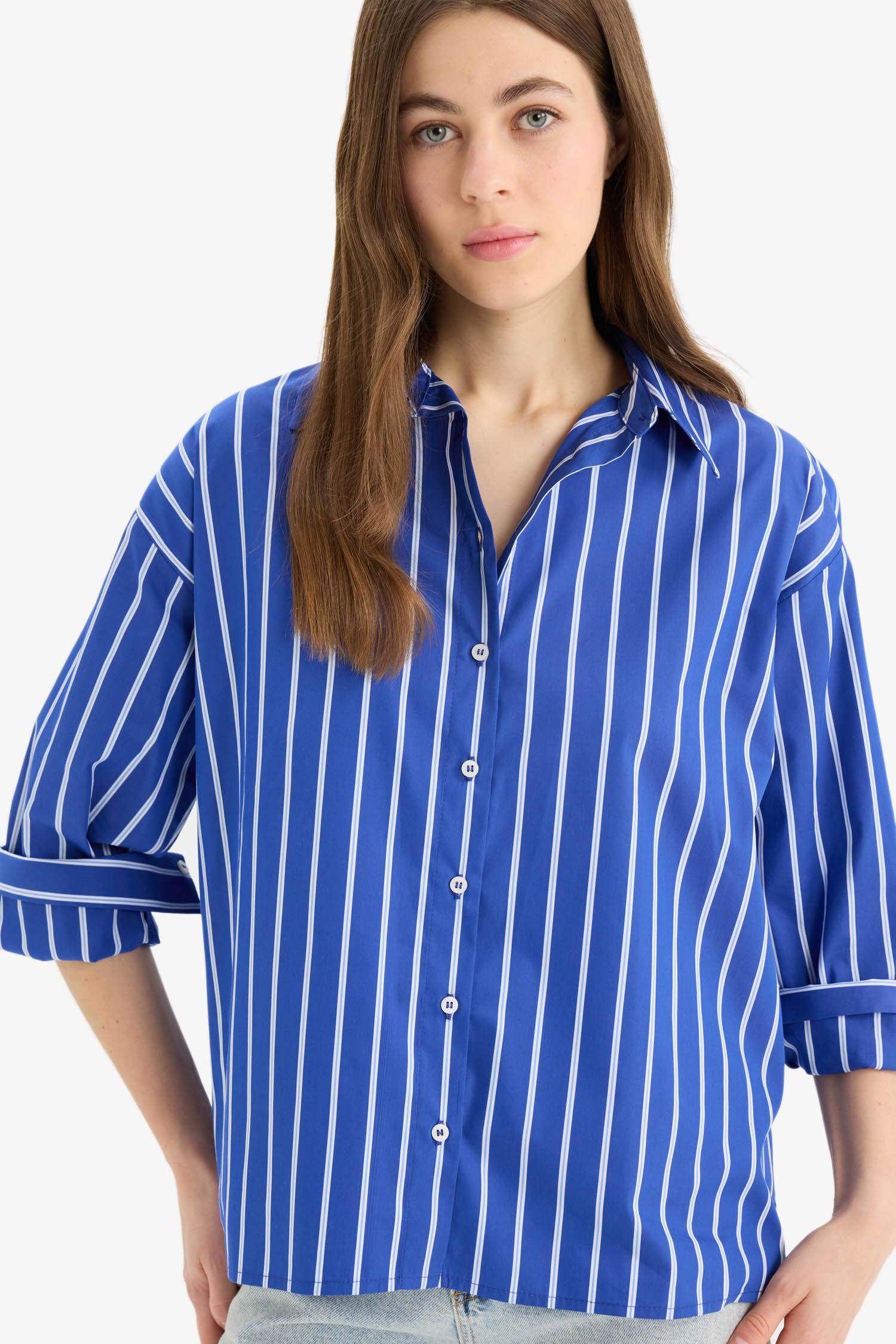 Oversize Geniş Kalıp Çizgili Poplin Uzun Kollu Gömlek