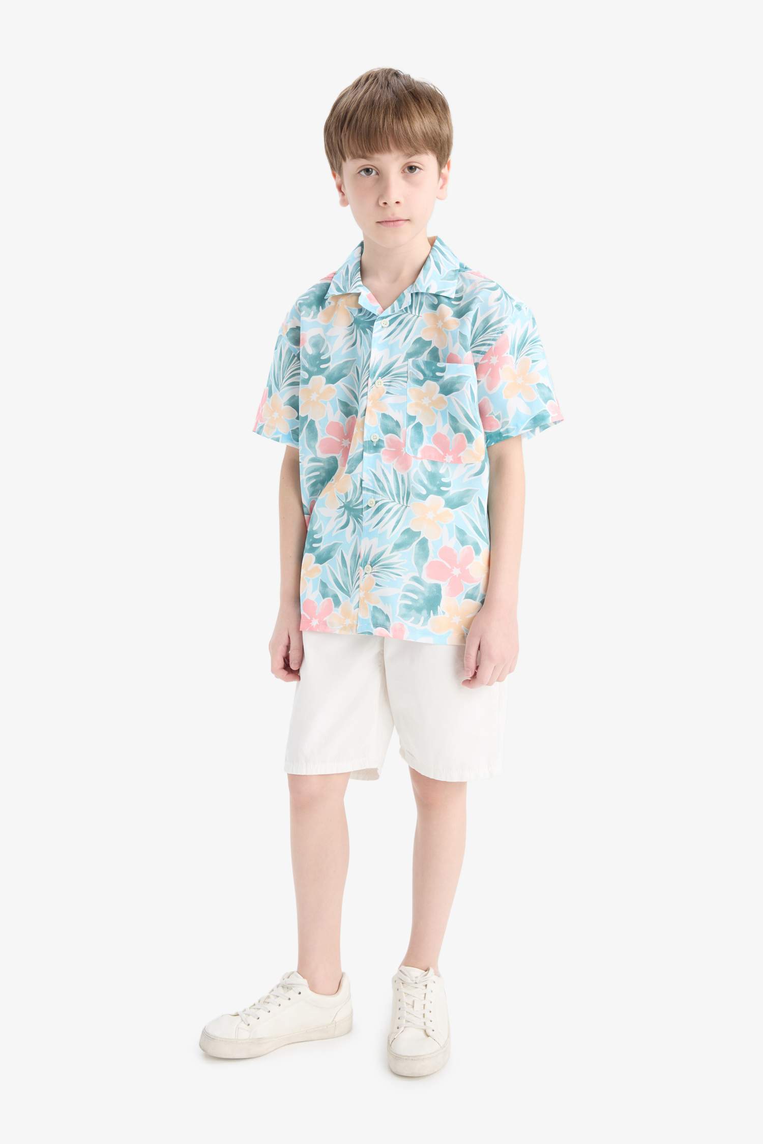 Boy Oversize Fit Polo Neck Patterned Cotton Shirt