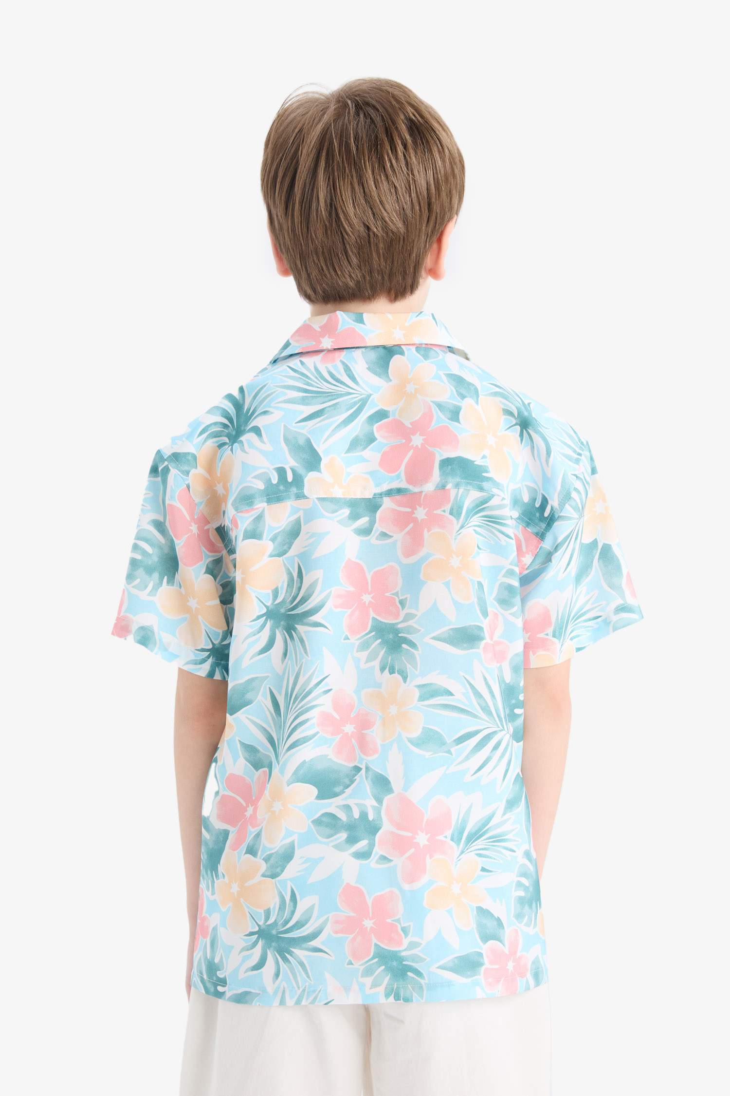 Boy Oversize Fit Polo Neck Patterned Cotton Shirt