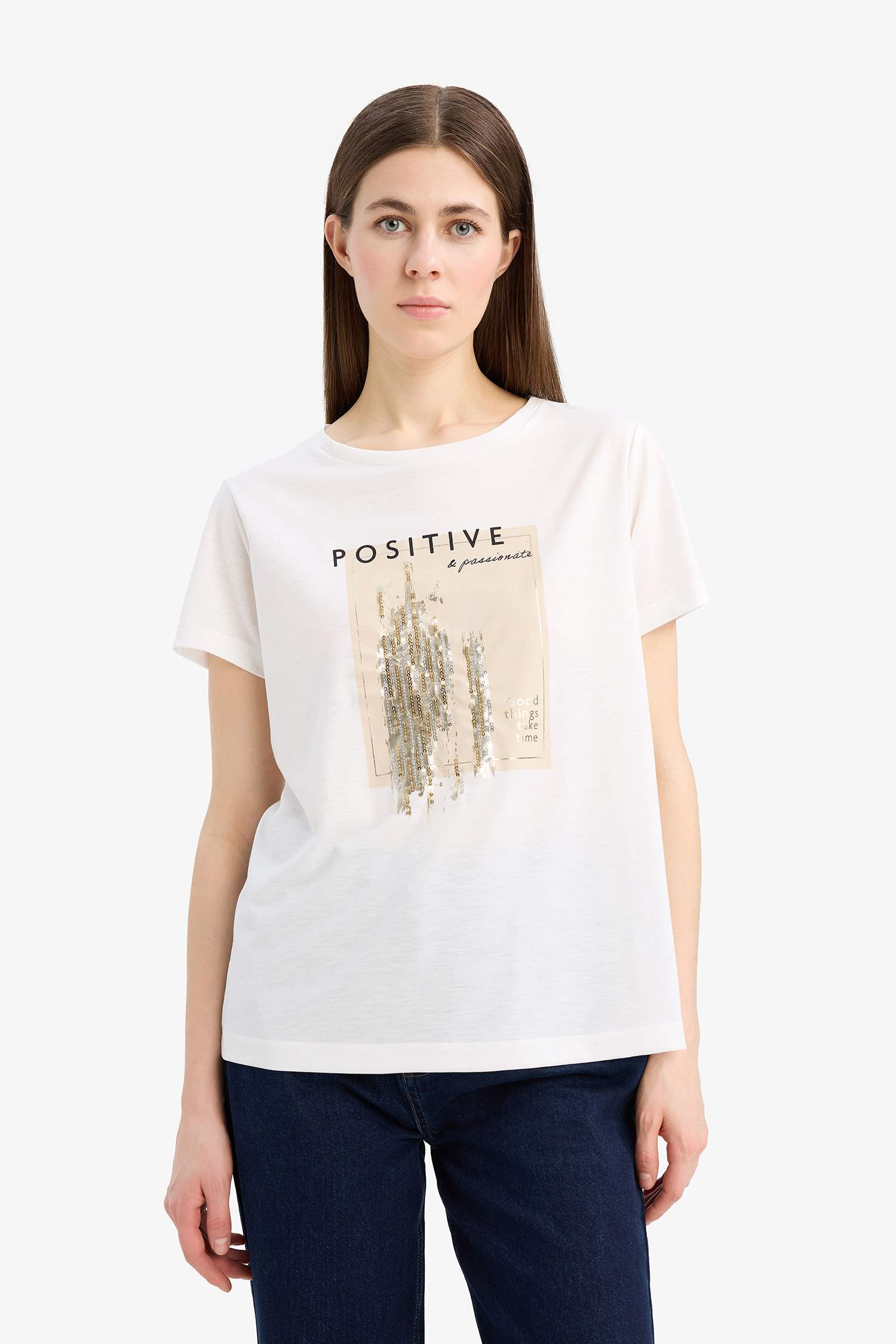 Футболка с короткими рукавами и пайетками и велосипедным воротом Regular Fit