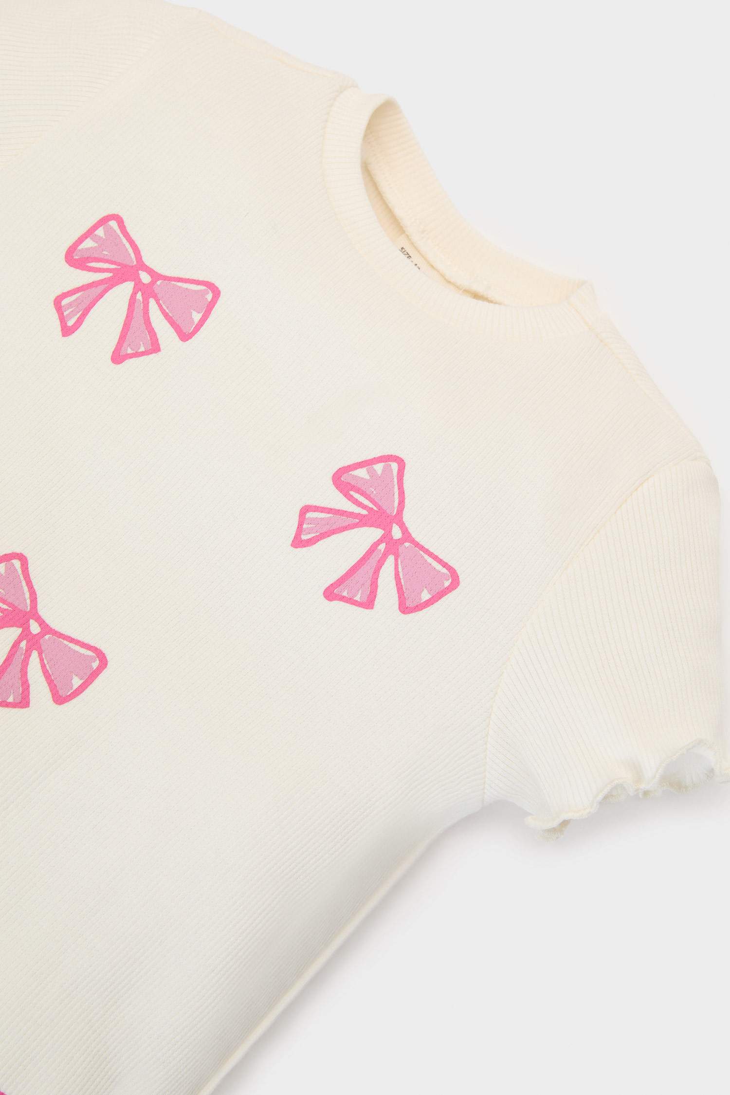 Kız Bebek Bisiklet Yaka Kurdele Baskılı Fitilli Kaşkorse Kısa Kollu Tişört