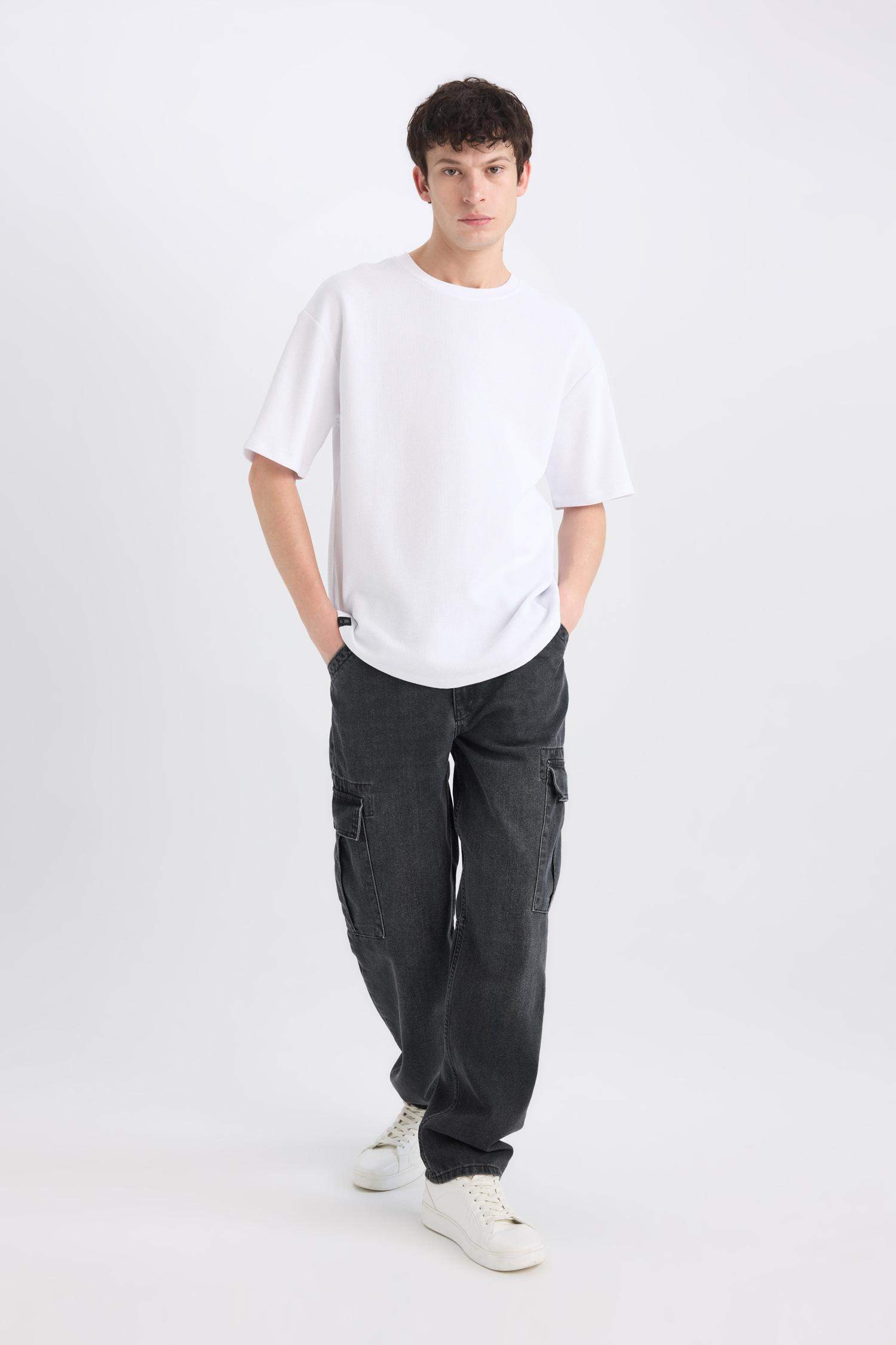 %100 Pamuk Relax Fit Rahat Kesim Geniş Paça Kargo Cepli Siyah Jean Pantolon