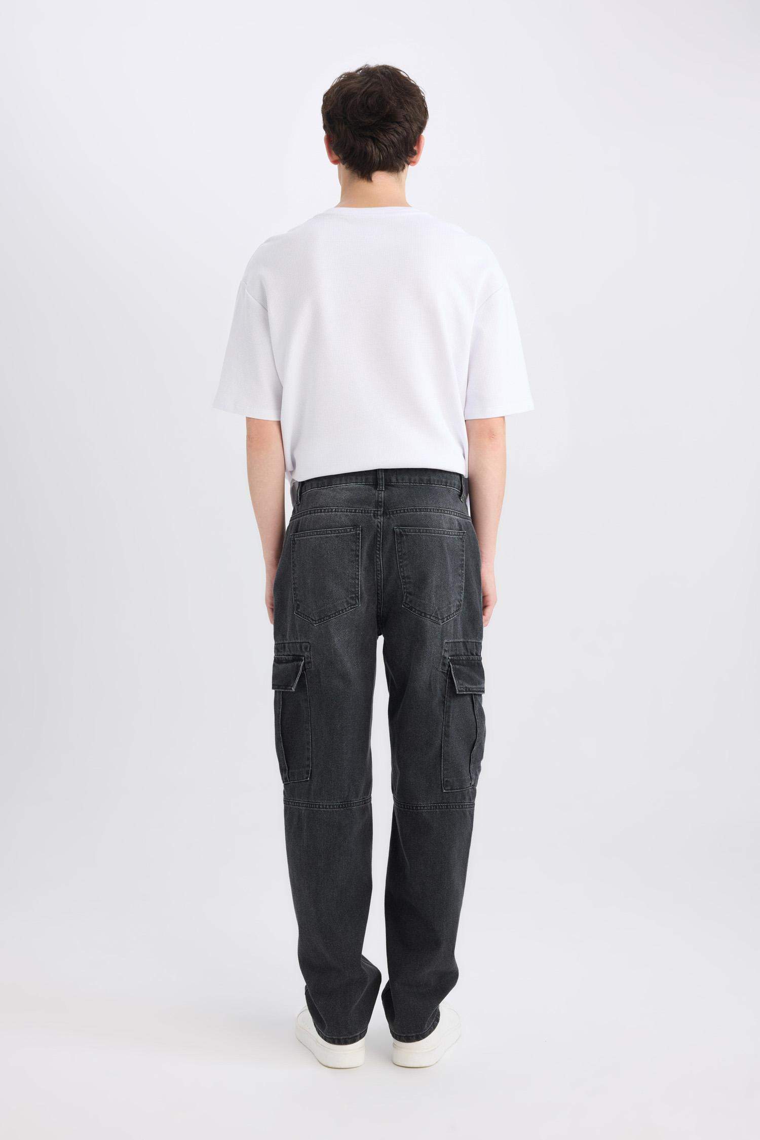 %100 Pamuk Relax Fit Rahat Kesim Geniş Paça Kargo Cepli Siyah Jean Pantolon