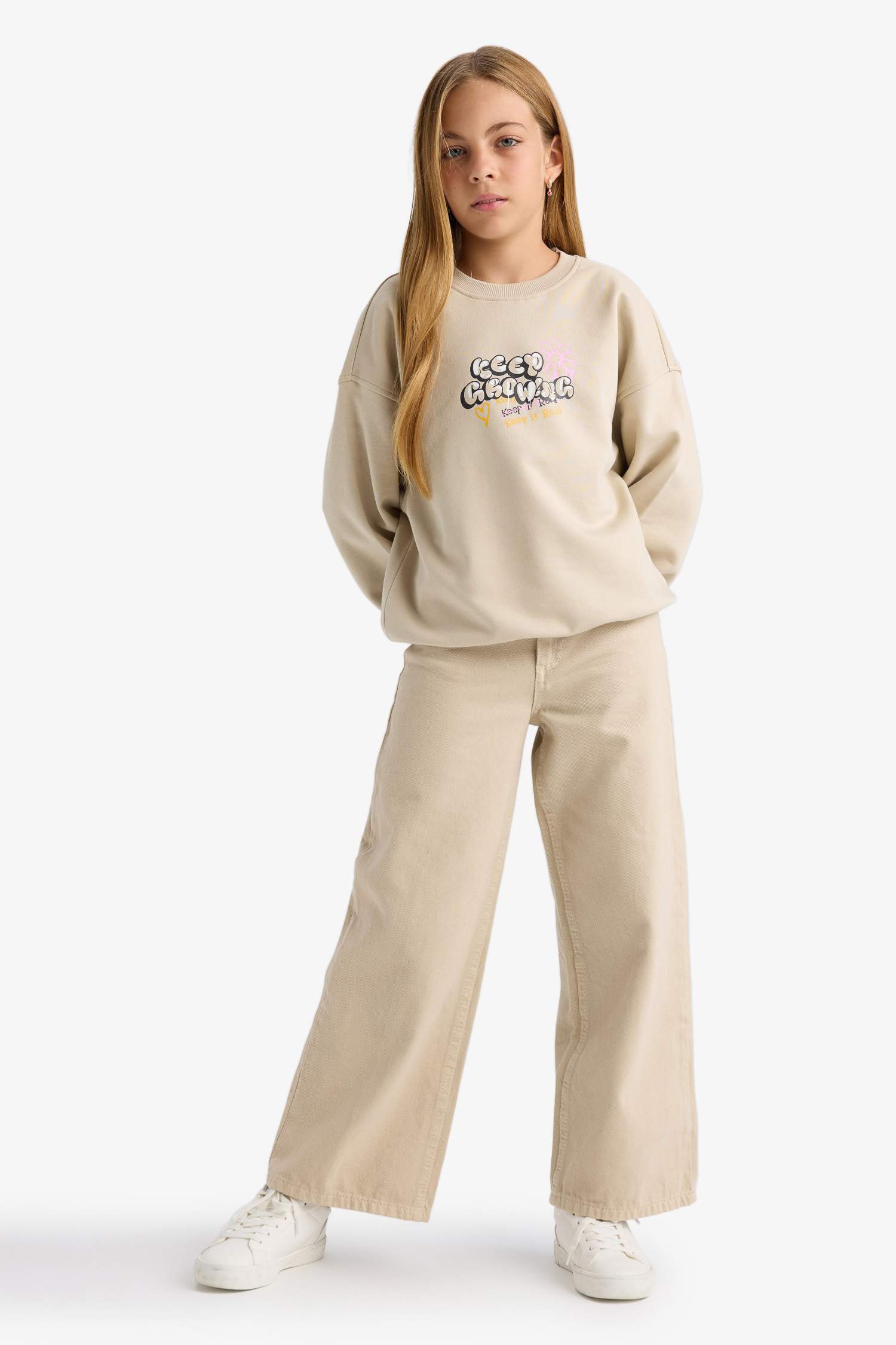 Kız Çocuk Oversize Geniş Kalıp Bisiklet Yaka Sırt Baskılı Sweatshirt