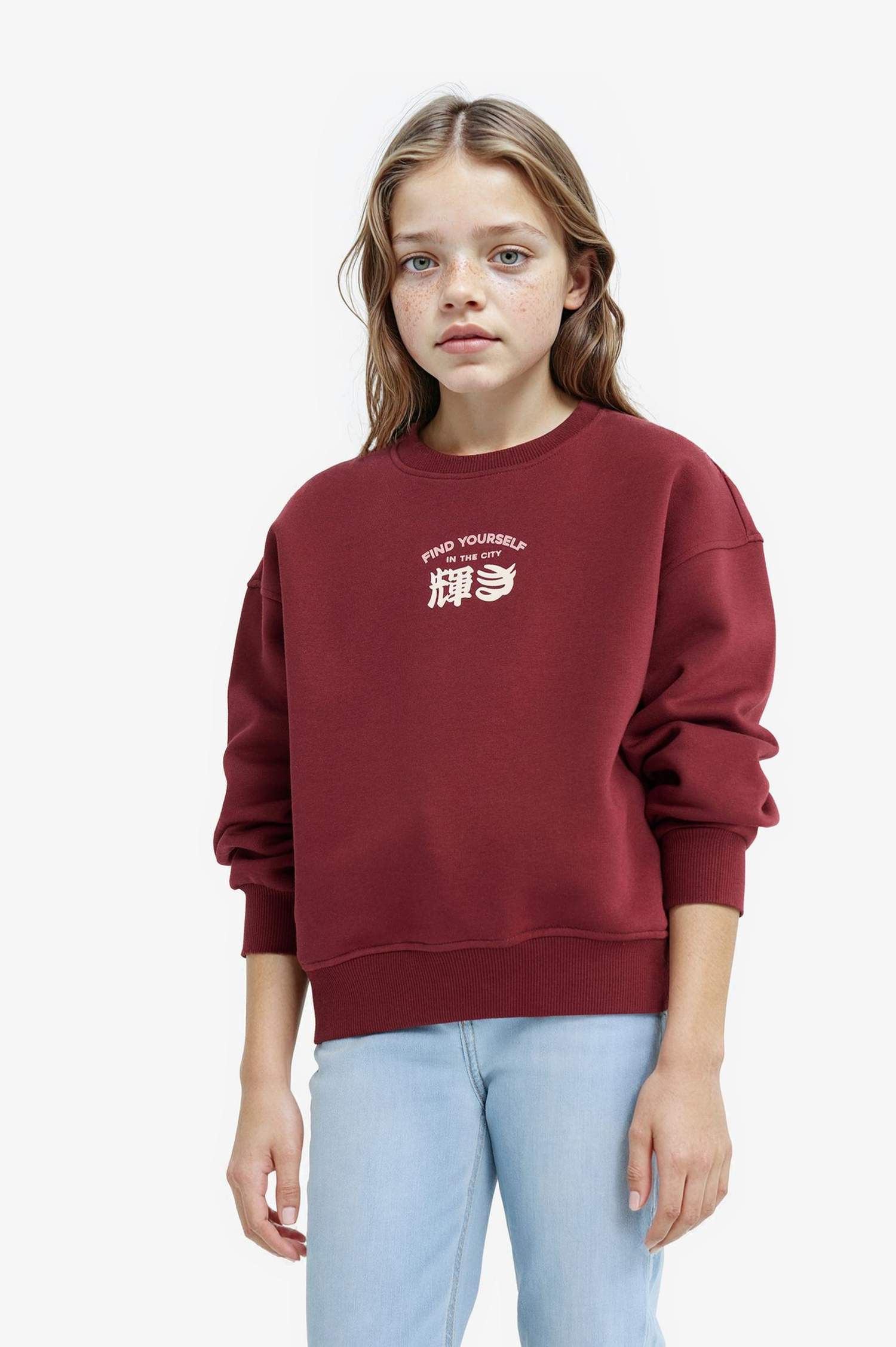 Girl Relax Fit Crew Neck Printed Soft Lining Sweatshirt