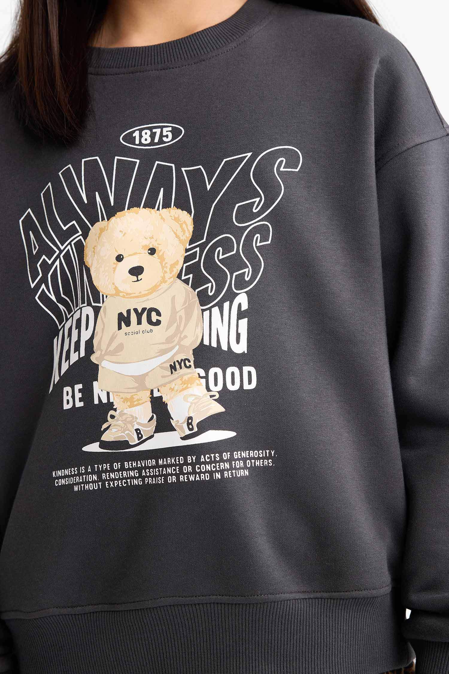 Kız Çocuk Relax Fit Bisiklet Yaka Baskılı İçi Yumuşak Tüylü Sweatshirt