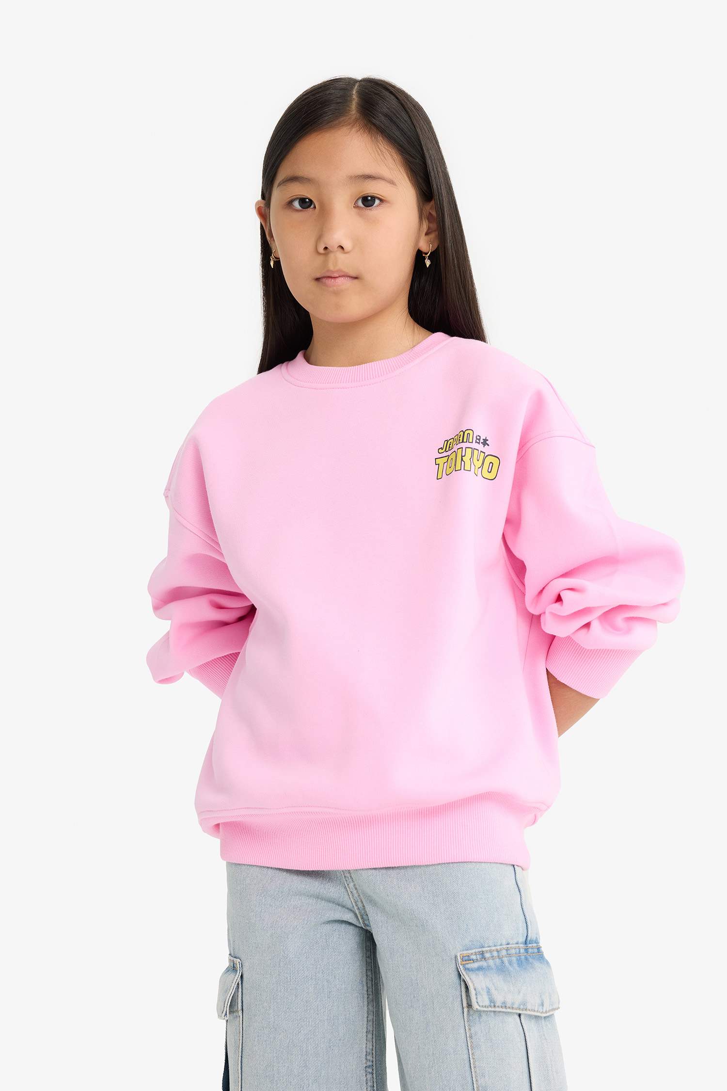 Girl Oversize Fit Crew Neck Printed Fleece Lining Sweatshirt