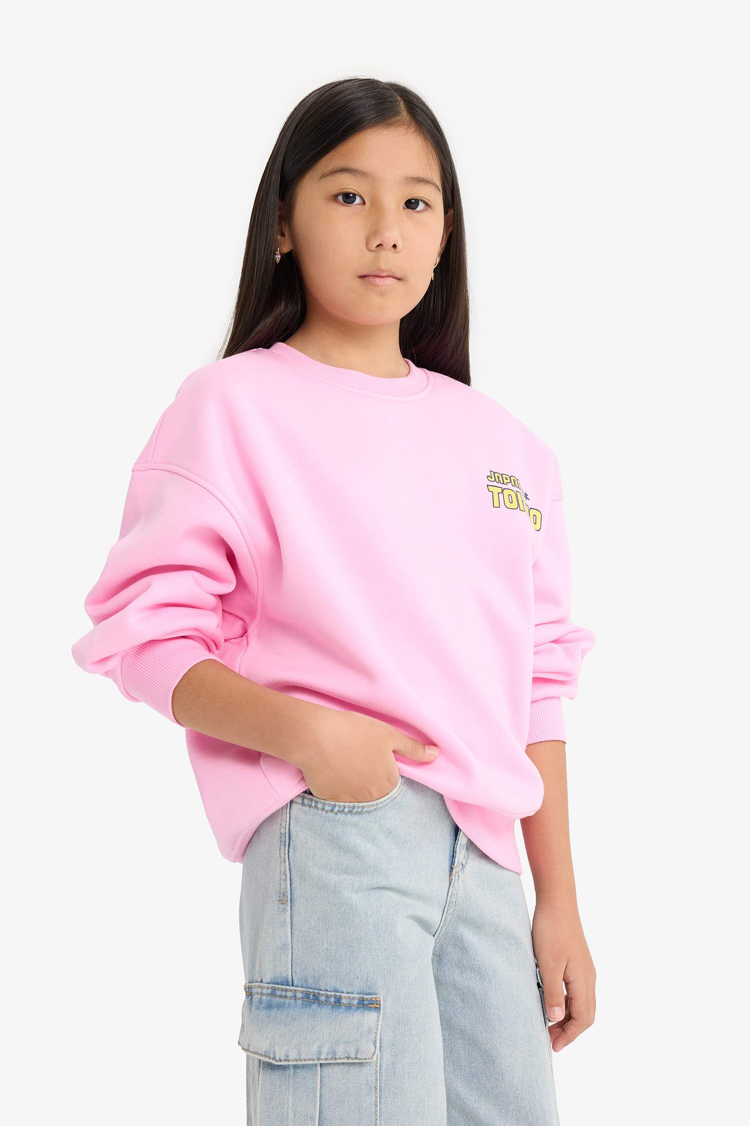 Girl Oversize Fit Crew Neck Printed Fleece Lining Sweatshirt