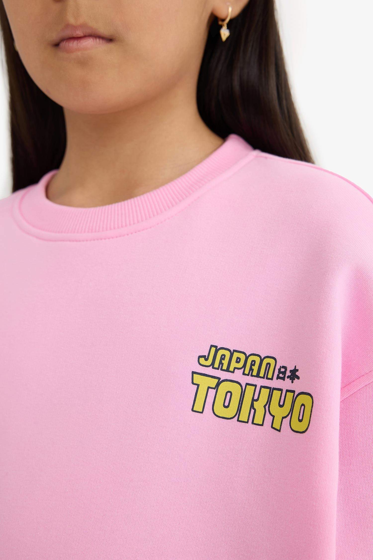 Girl Oversize Fit Crew Neck Printed Fleece Lining Sweatshirt