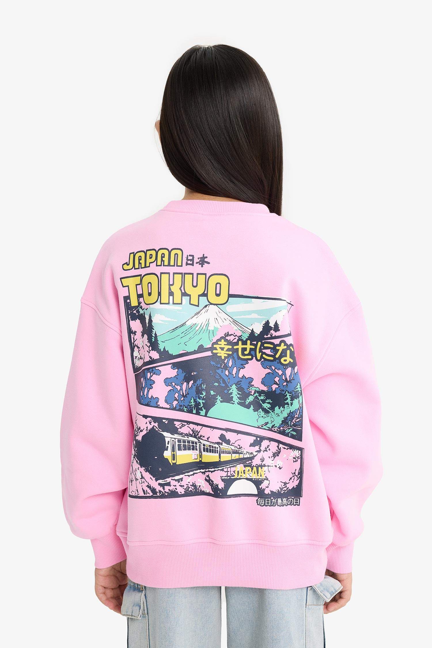 Girl Oversize Fit Crew Neck Printed Fleece Lining Sweatshirt