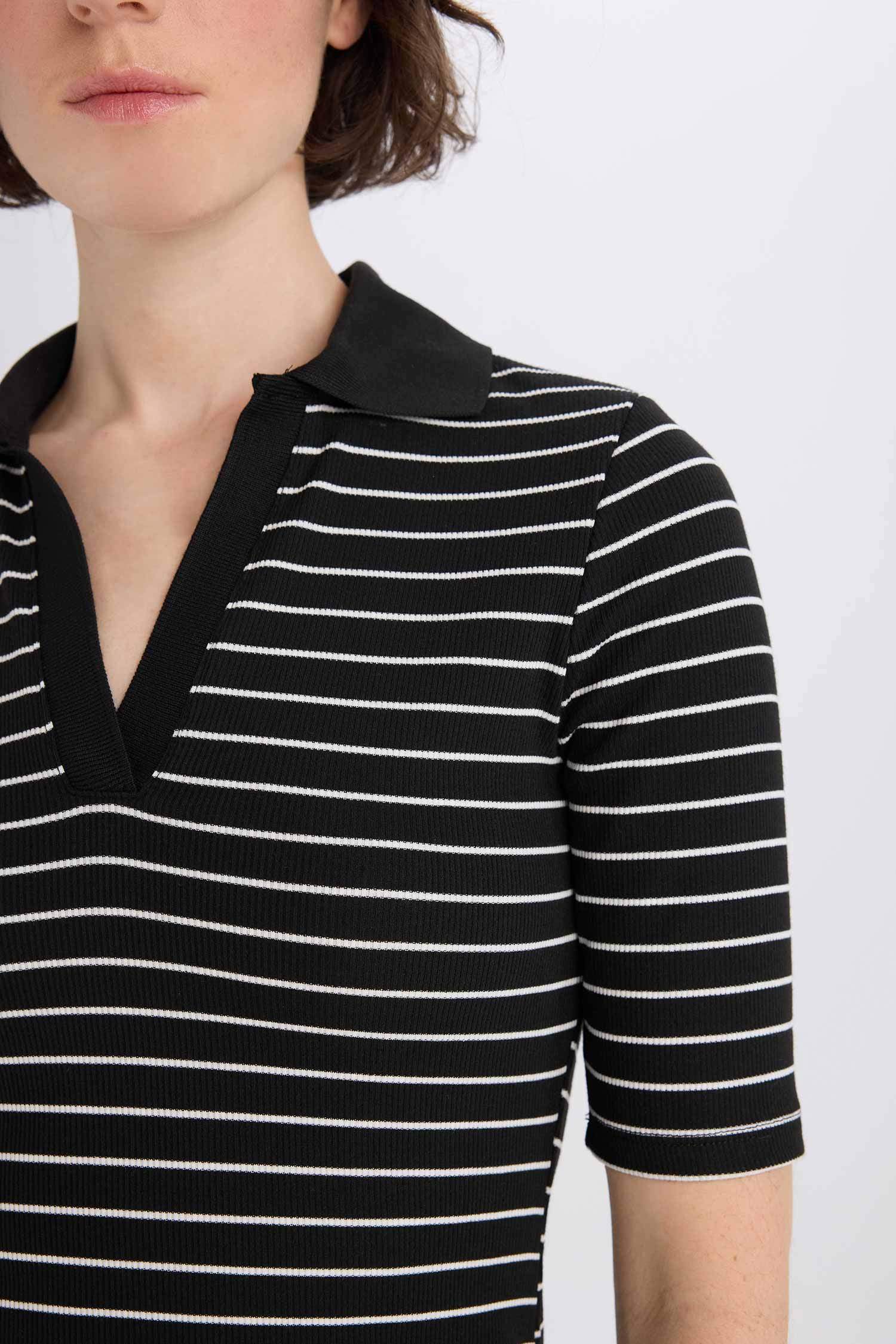 فستان نص كم ميدي مضلع برقبة بولو