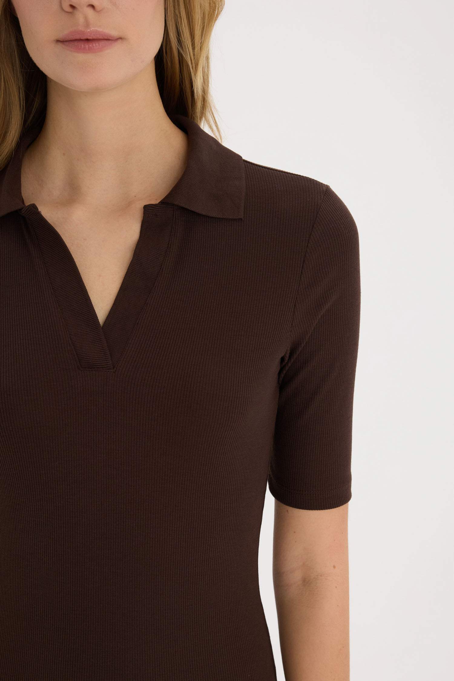 Bodycon Vücudu Saran Polo Yaka Basic Düz Fitilli Kaşkorse Kısa Kollu Midi Elbise