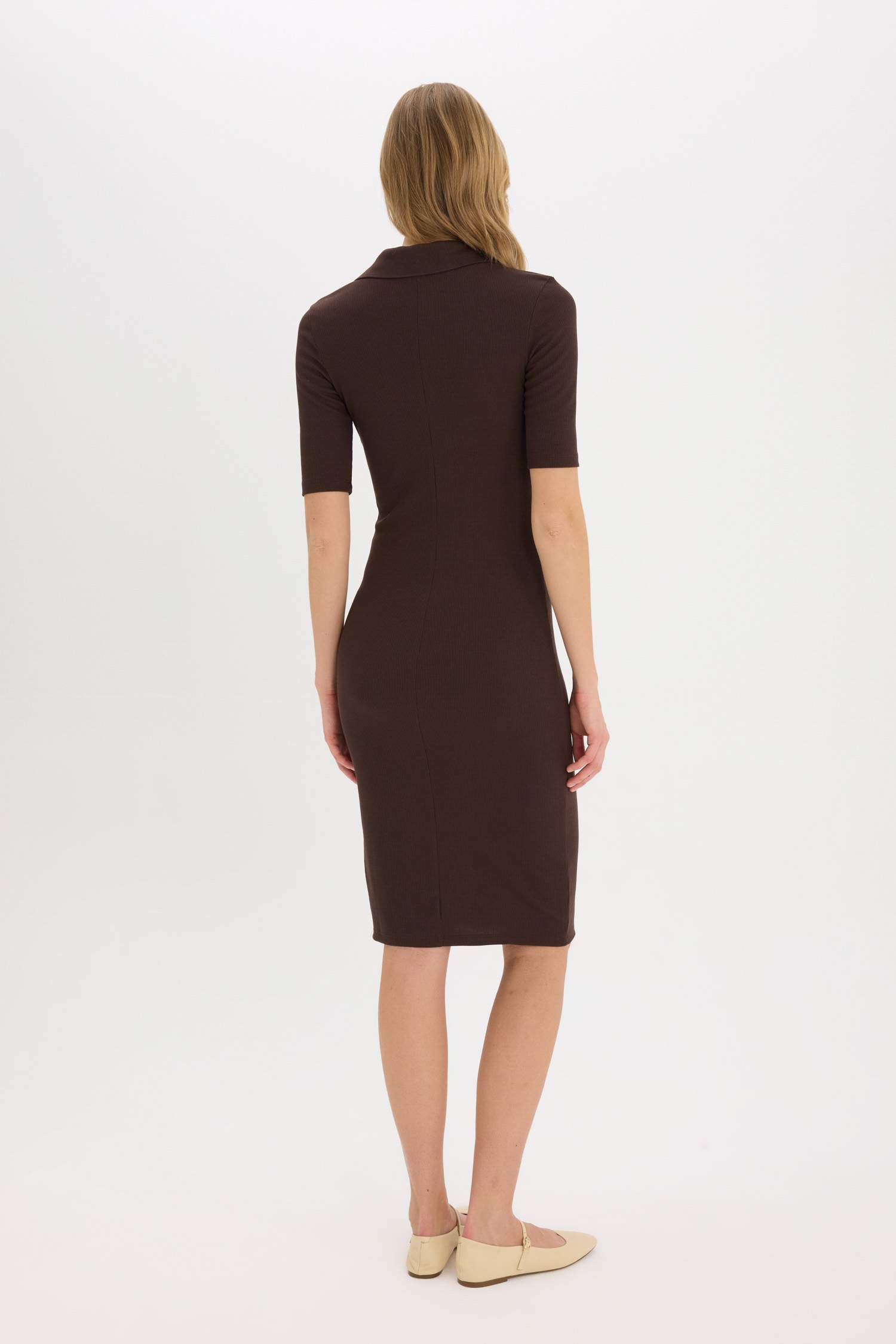 Bodycon Vücudu Saran Polo Yaka Basic Düz Fitilli Kaşkorse Kısa Kollu Midi Elbise