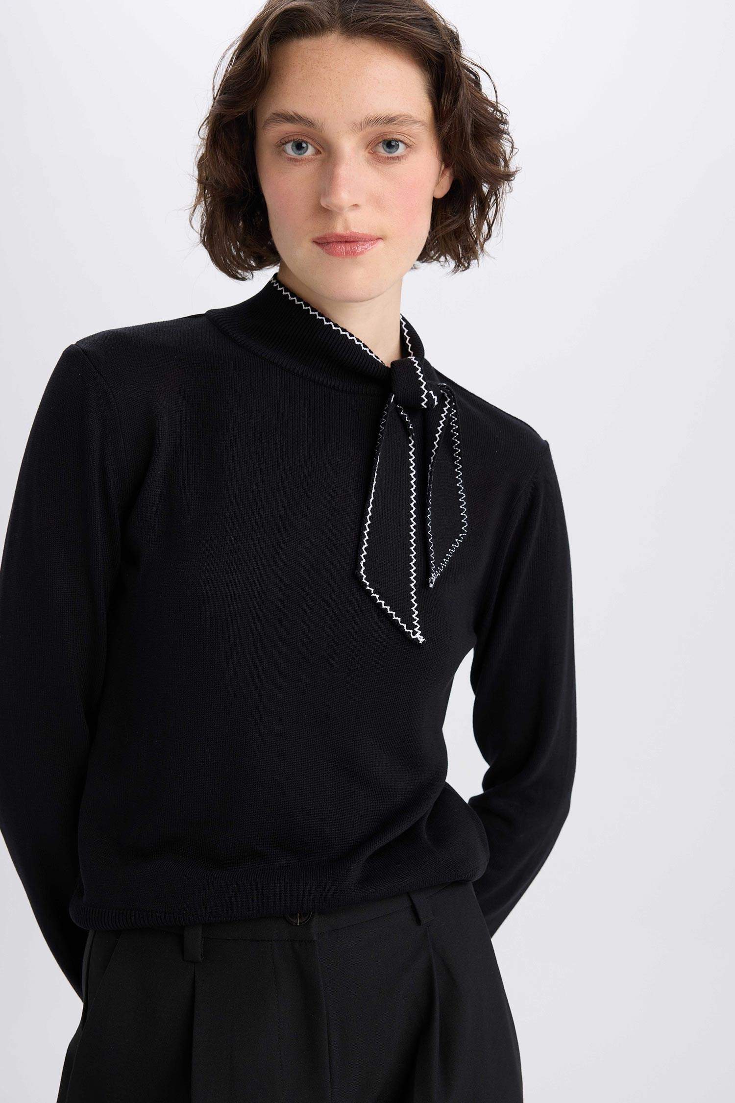 Regular Fit Bow Collar Knit Pullover