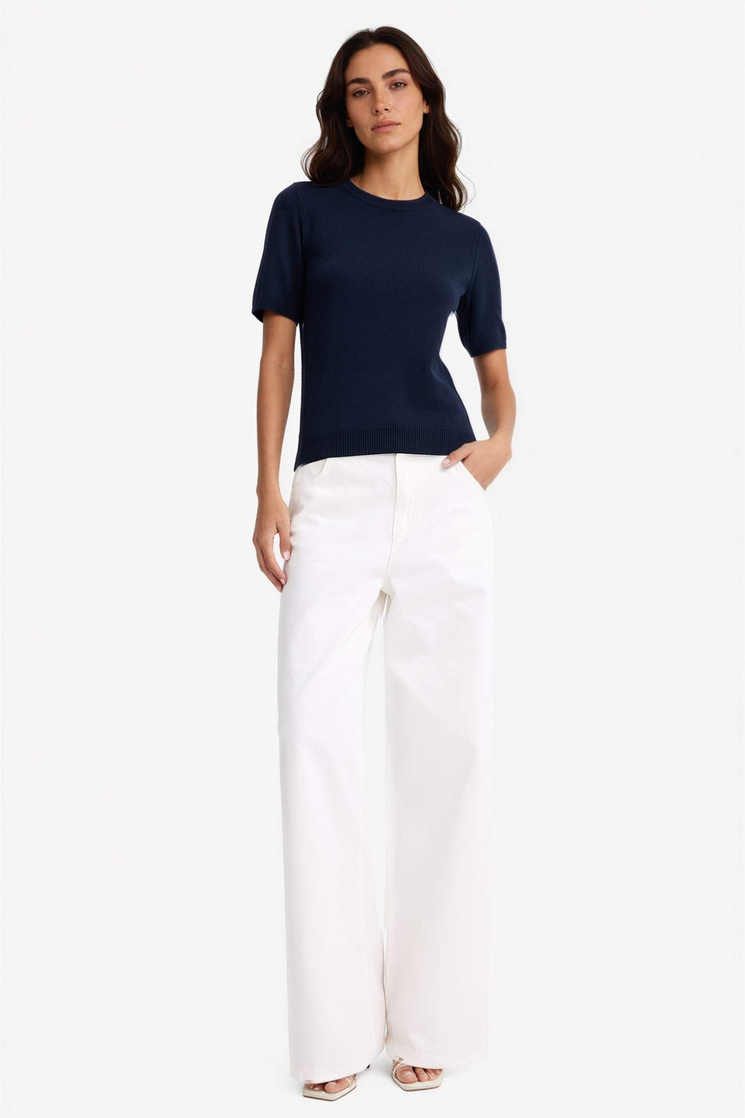 Navy WOMAN Regular Fit Crew Neck Short Sleeve Knit Pullover