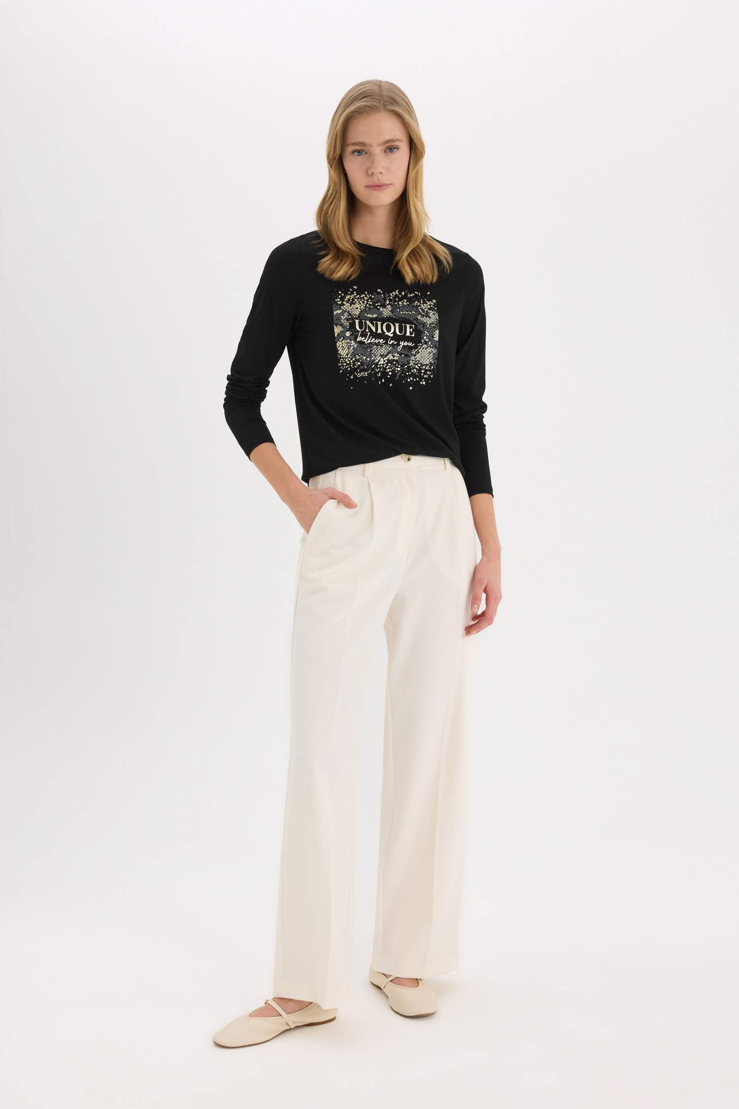 Regular Fit Bisiklet Yaka Hayvan Baskılı Uzun Kollu Tişört