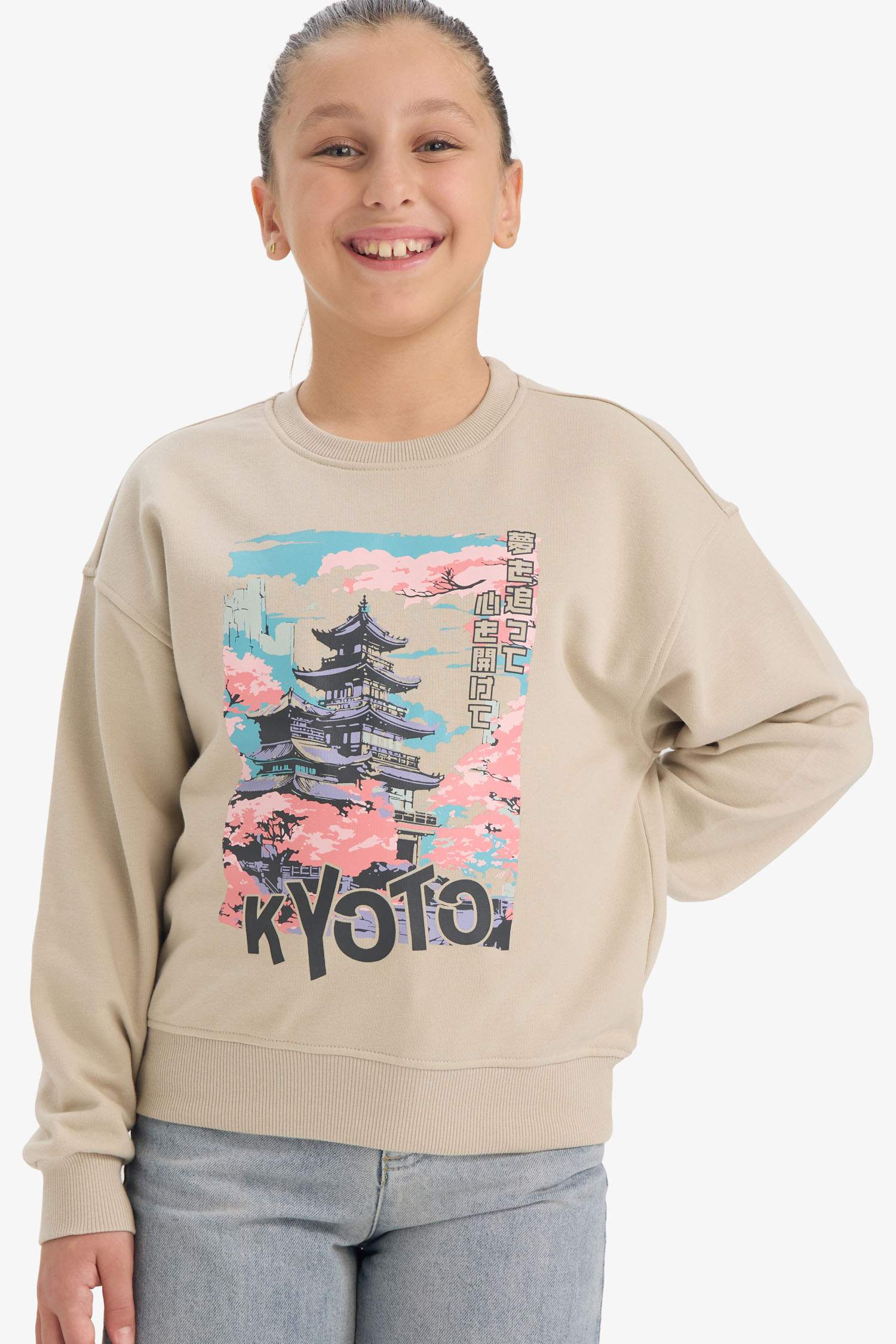 Kız Çocuk Relax Fit Bisiklet Yaka Baskılı Sweatshirt