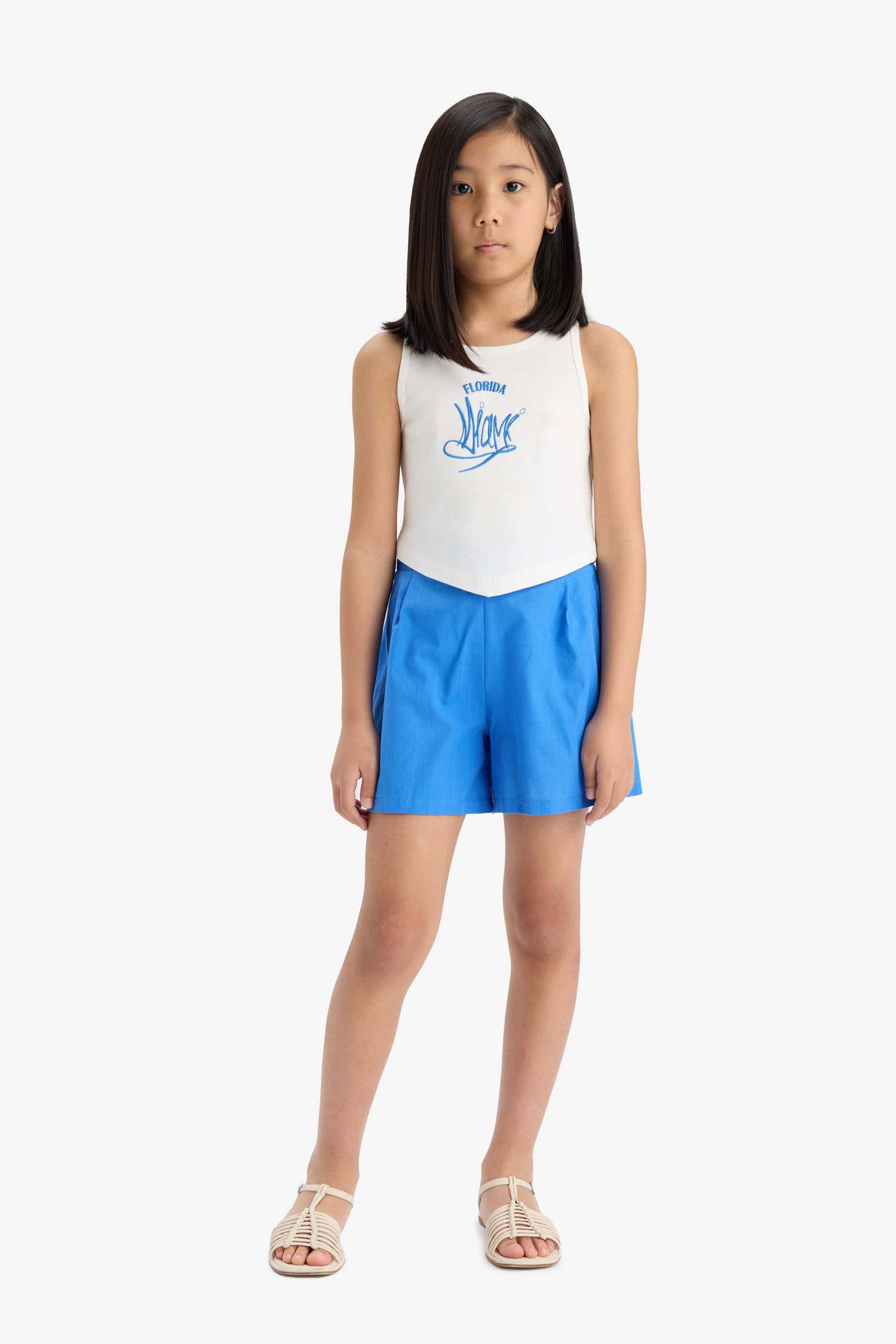 سيت بناتي شورت وبلوزة ذو مظهر كتان - قطعتين