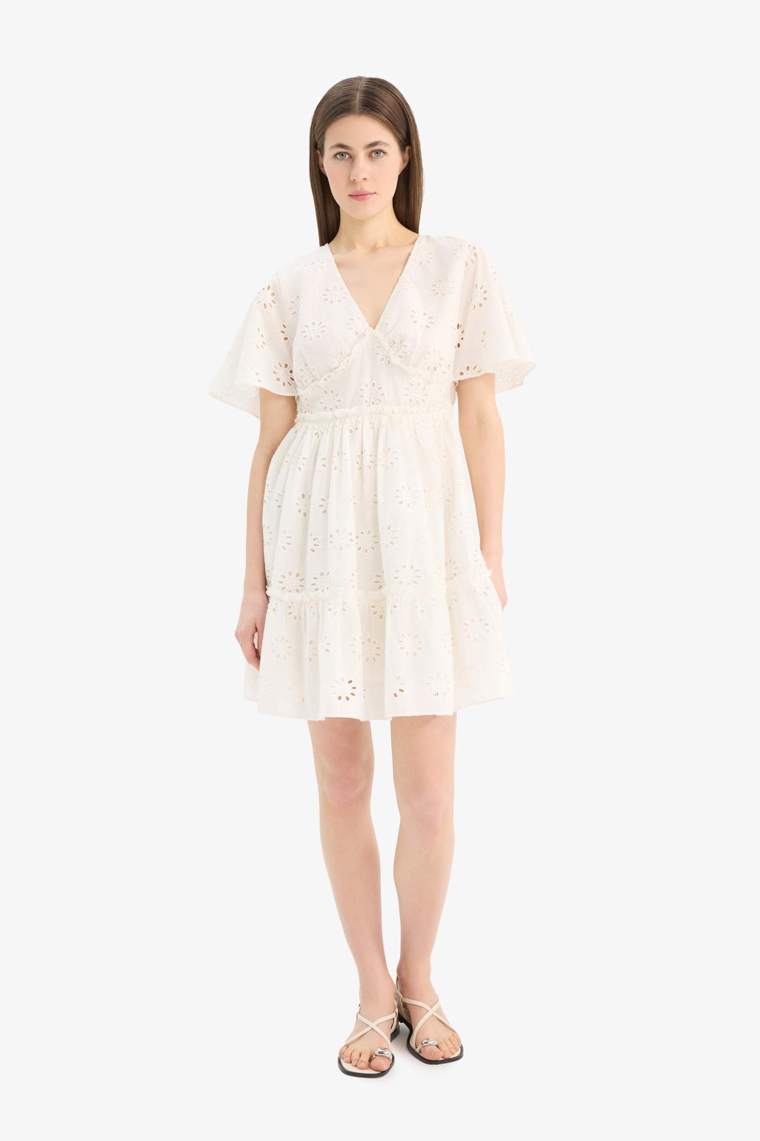 V Yaka Pamuklu Kısa Kollu Mini Elbise