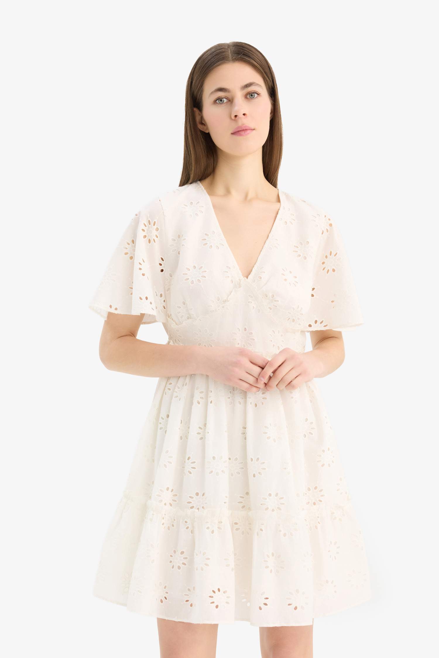 V Yaka Pamuklu Kısa Kollu Mini Elbise