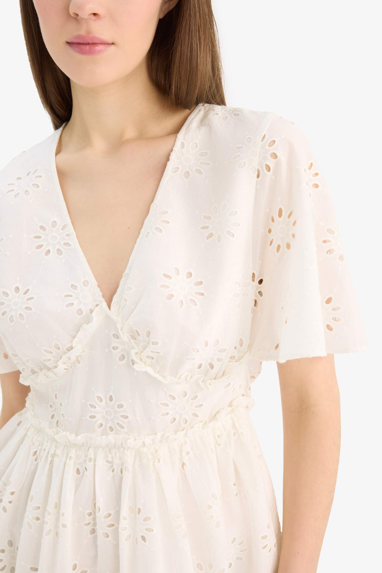 V Yaka Pamuklu Kısa Kollu Mini Elbise