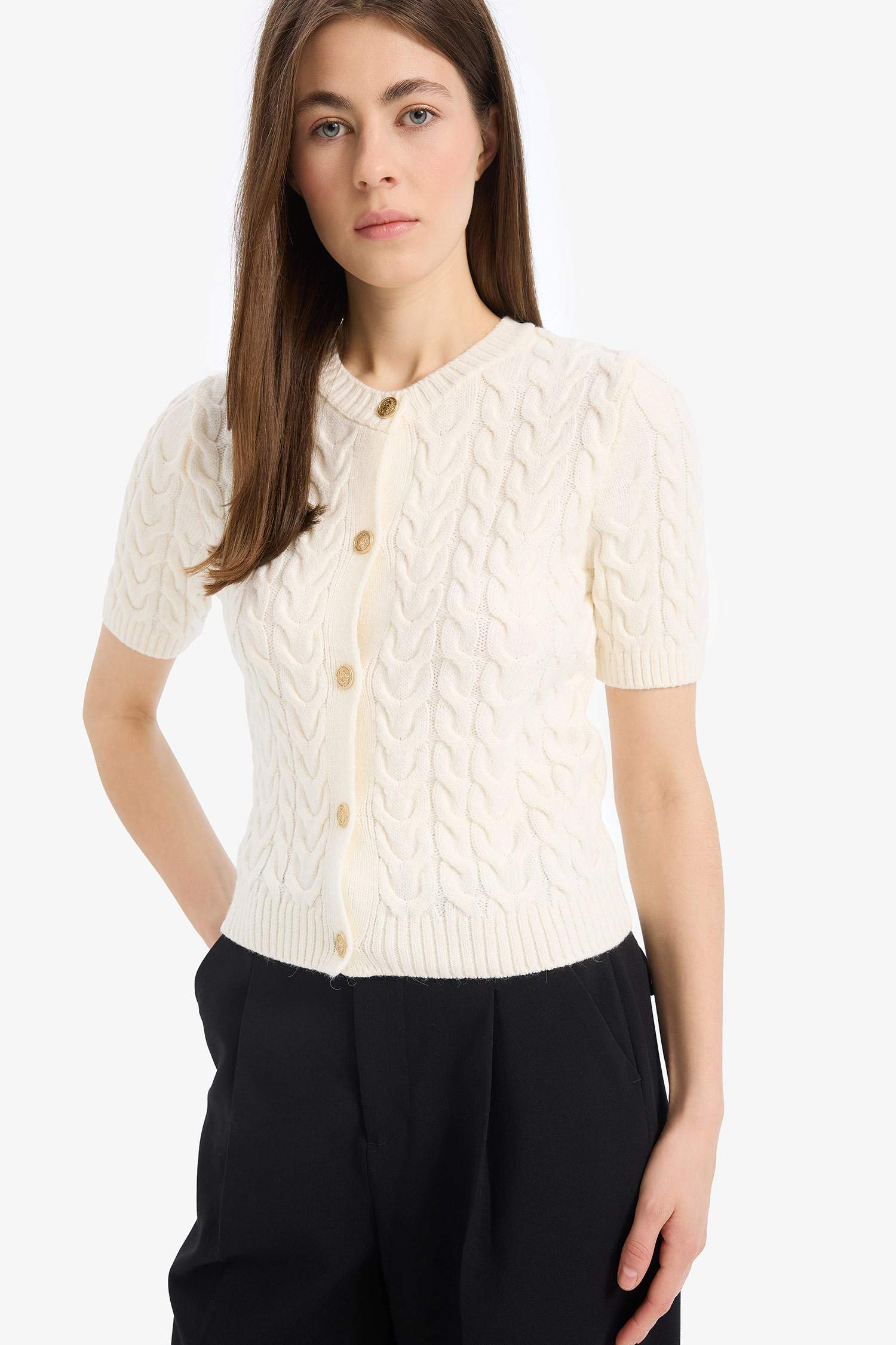 Regular Fit Bisiklet Yaka Triko Kısa Kollu Hırka