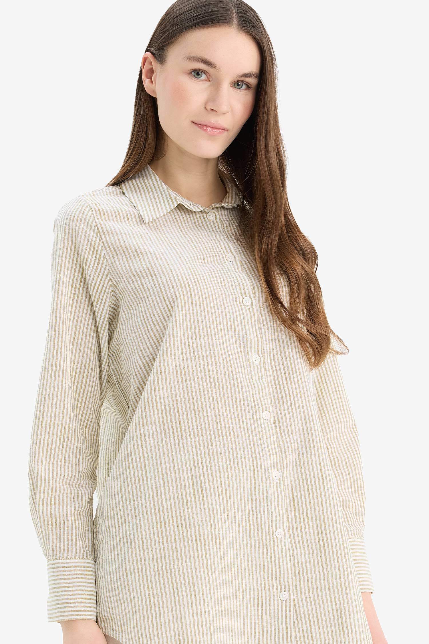 Regular Fit Çizgili Flamlı Pamuk Uzun Kollu Gömlek Tunik