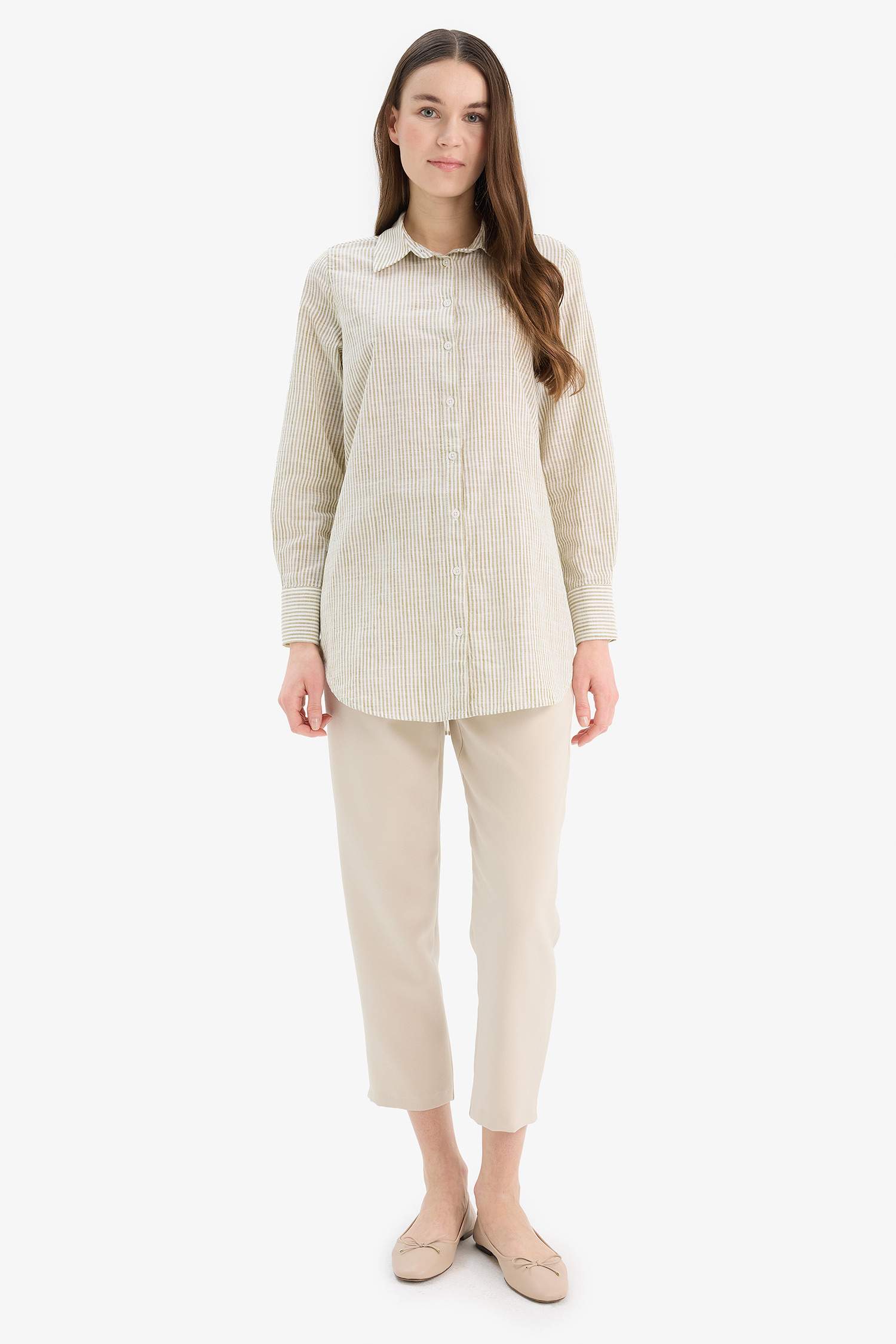 Regular Fit Çizgili Flamlı Pamuk Uzun Kollu Gömlek Tunik