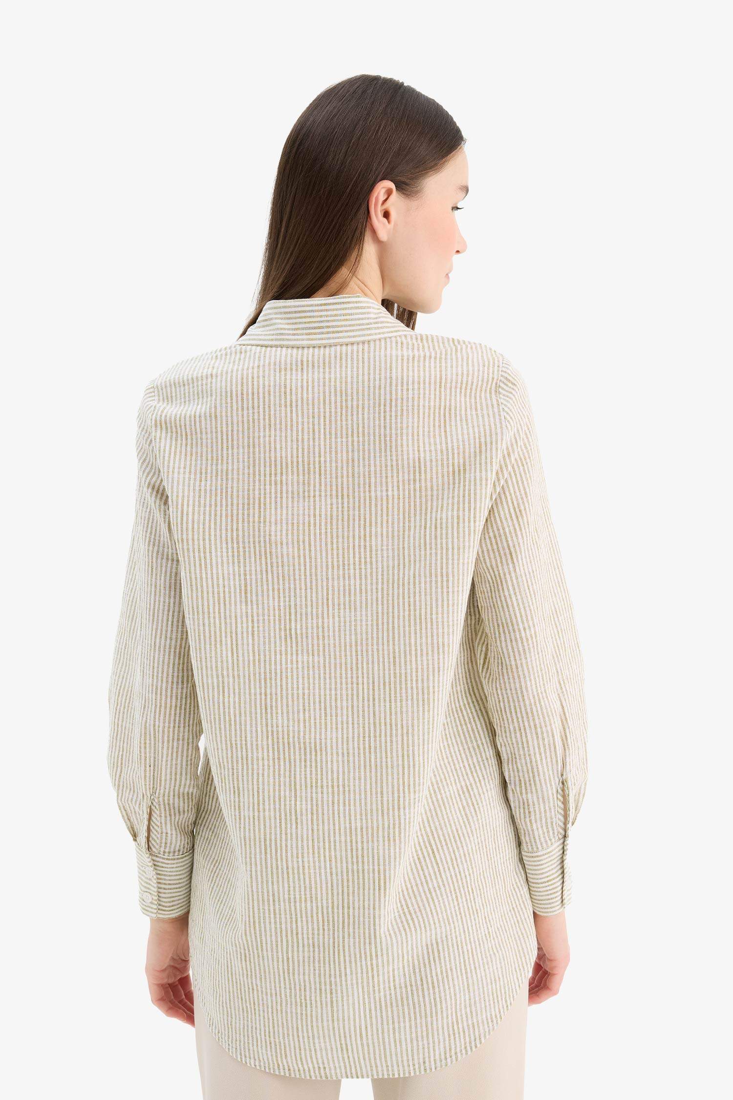 Regular Fit Çizgili Flamlı Pamuk Uzun Kollu Gömlek Tunik