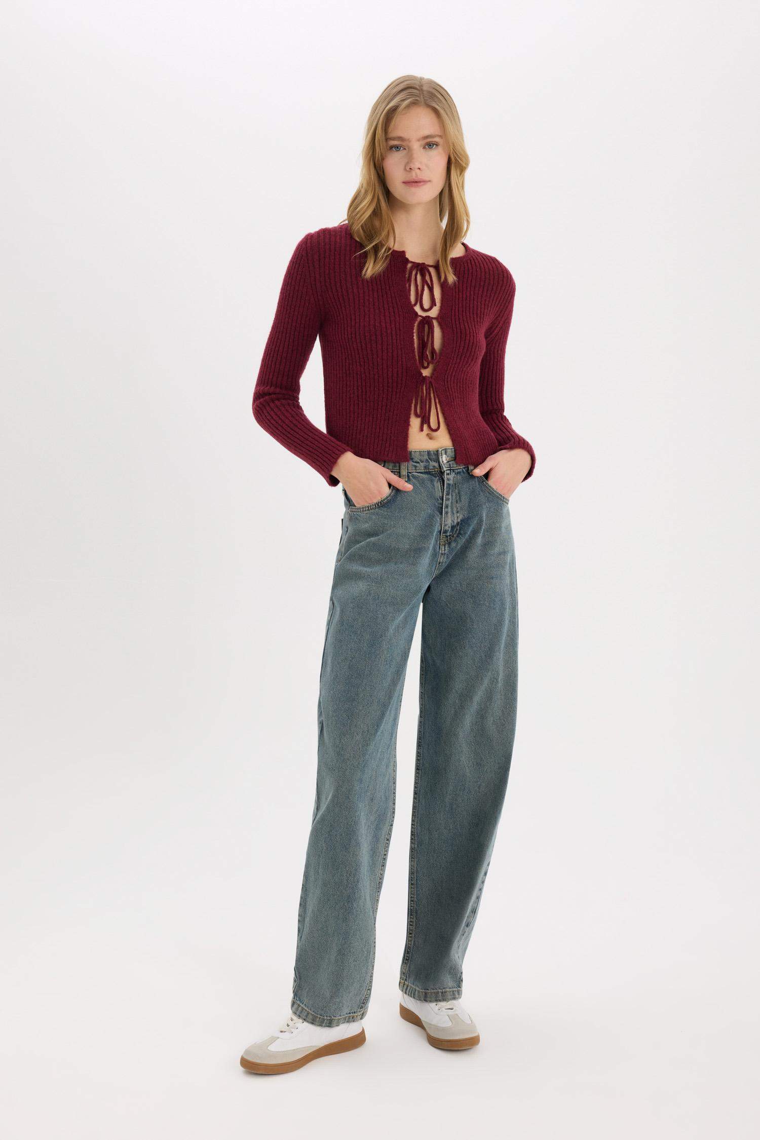 Regular Fit Bisiklet Yaka Bağlamalı Basic Düz Triko Bordo Hırka