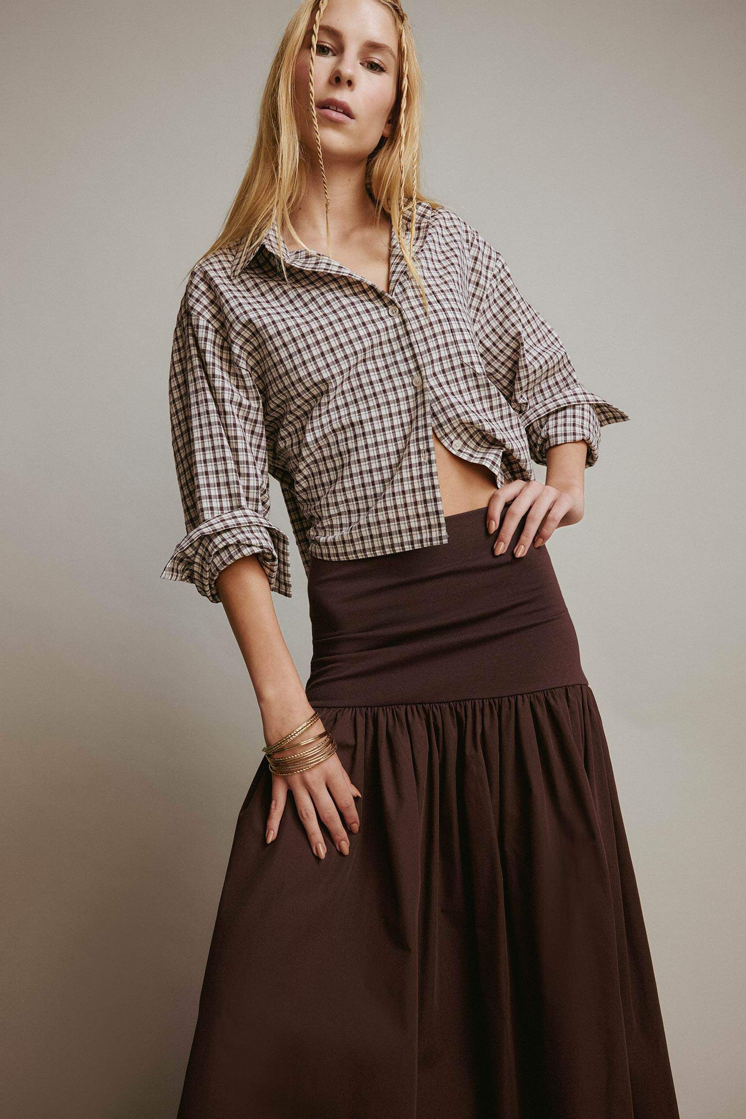 Coool Oversize Geniş Kalıp Crop Kareli Uzun Kollu Gömlek