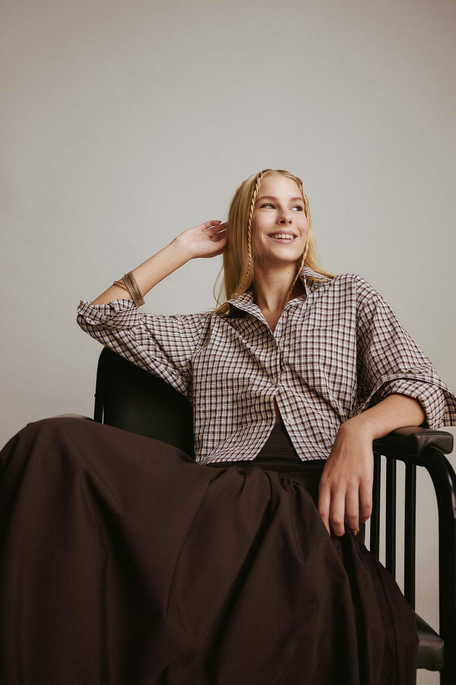 Coool Oversize Geniş Kalıp Crop Kareli Uzun Kollu Gömlek