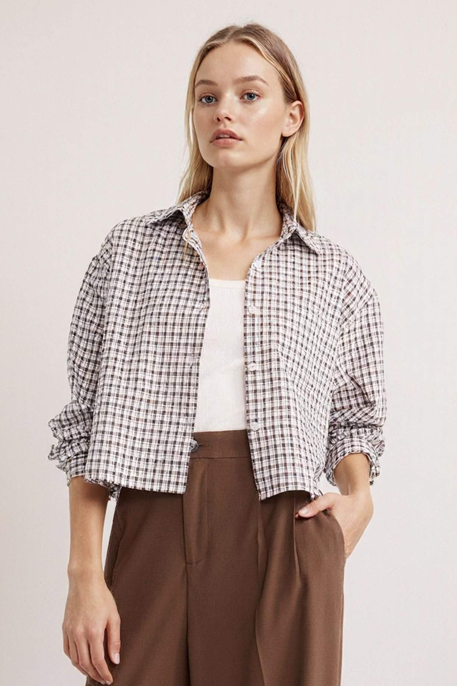 Oversize Geniş Kalıp Crop Kareli Uzun Kollu Gömlek