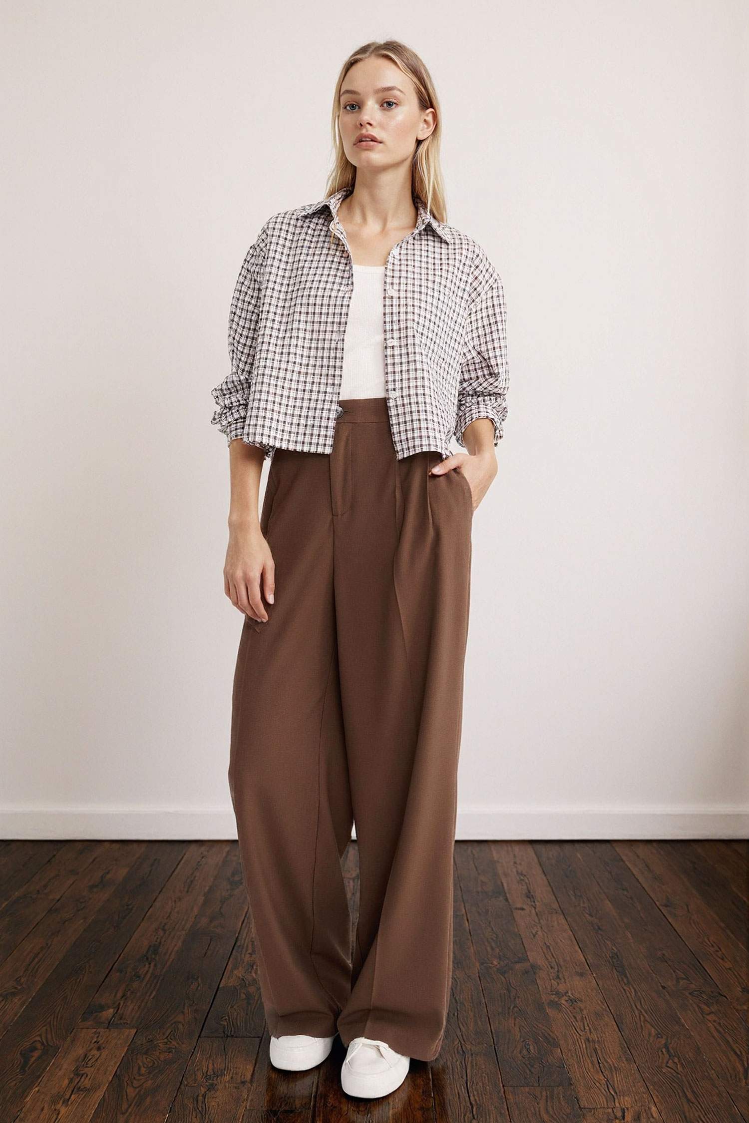 Oversize Geniş Kalıp Crop Kareli Uzun Kollu Gömlek