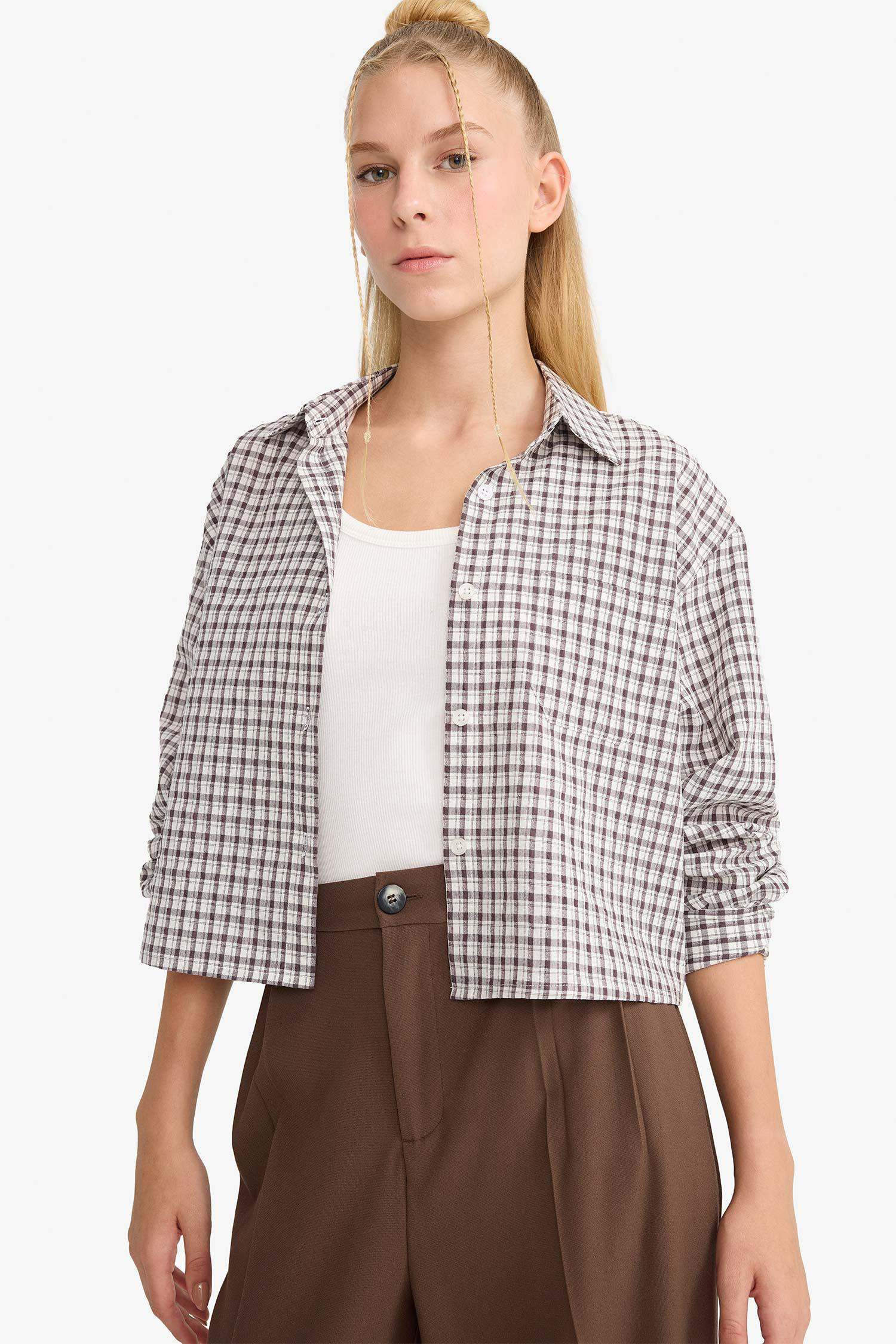 Oversize Geniş Kalıp Crop Kareli Uzun Kollu Gömlek