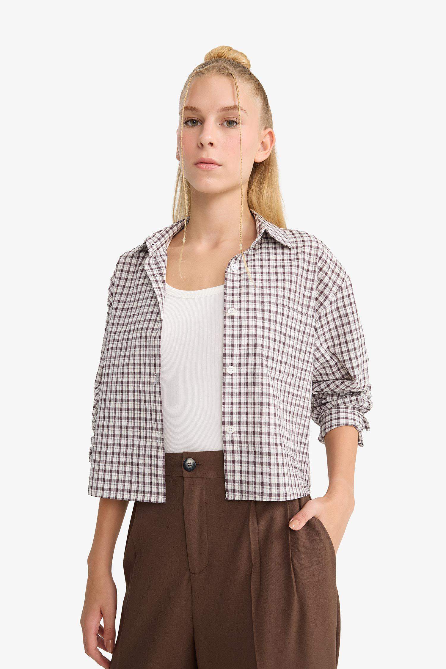 Oversize Geniş Kalıp Crop Kareli Uzun Kollu Gömlek