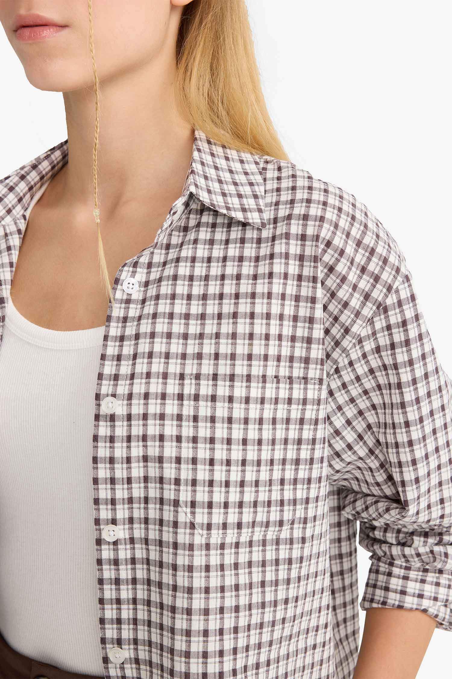 Oversize Geniş Kalıp Crop Kareli Uzun Kollu Gömlek