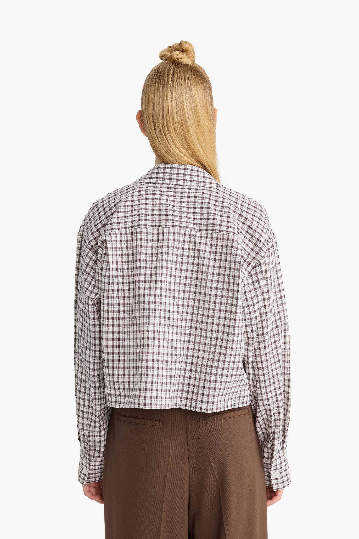 Oversize Geniş Kalıp Crop Kareli Uzun Kollu Gömlek