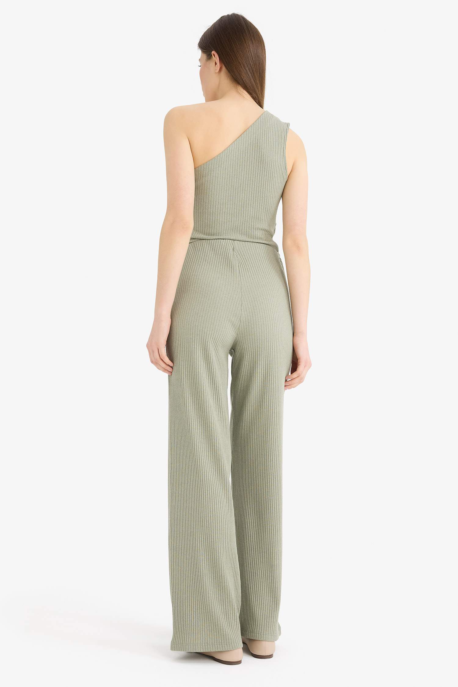 بنطلون مضلع وايد ليج برجل واسع