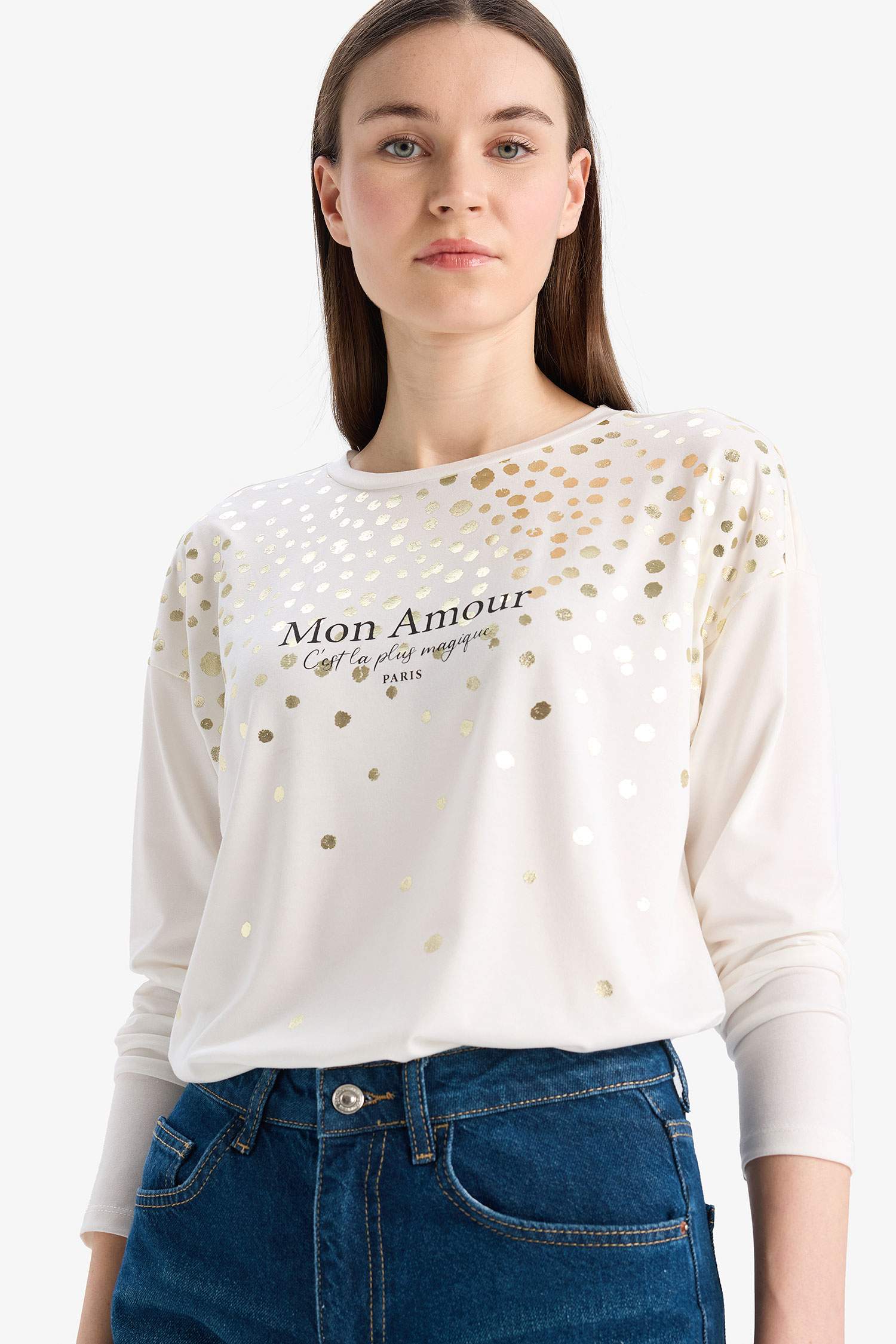 Bisiklet Yaka Baskılı Uzun Kollu Tişört