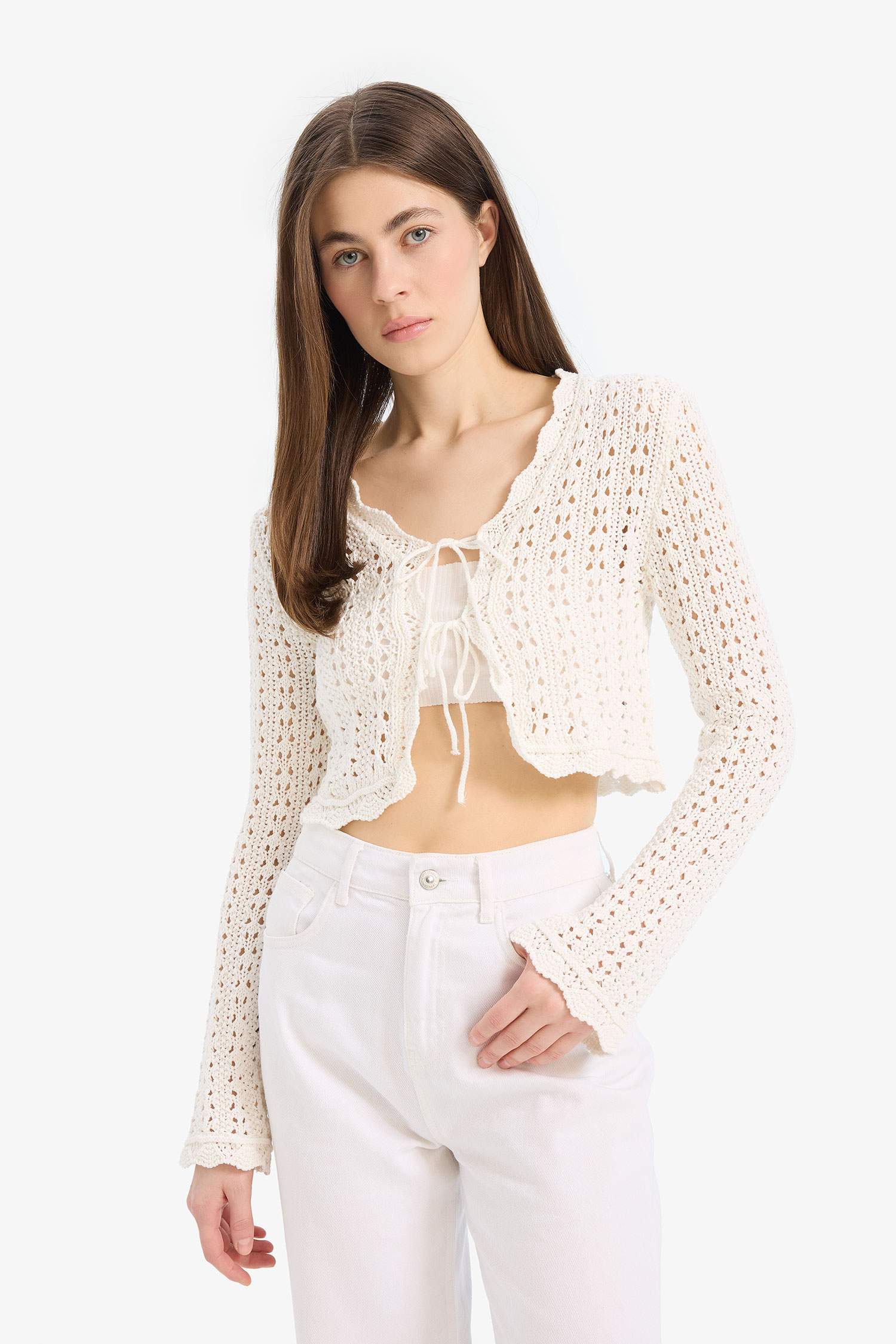 Regular Fit V Yaka Bağlamalı Kroşe Triko Hırka